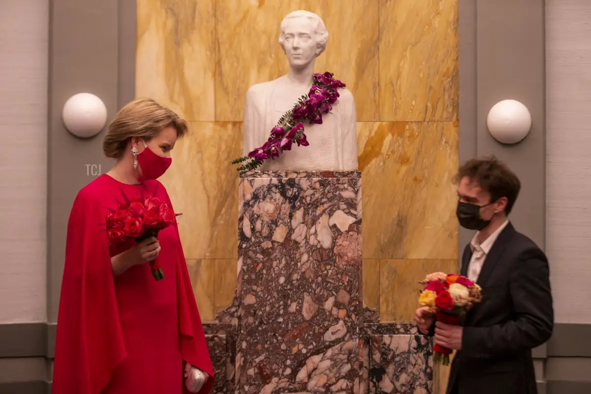 La regina Matilde dei belgi durante la proclamazione del Concorso Pianistico Regina Elisabetta 2021, presso la Henry Le Boeuf Hall del Bozar Palais des Beaux Arts, a Bruxelles, sabato 29 maggio 2021