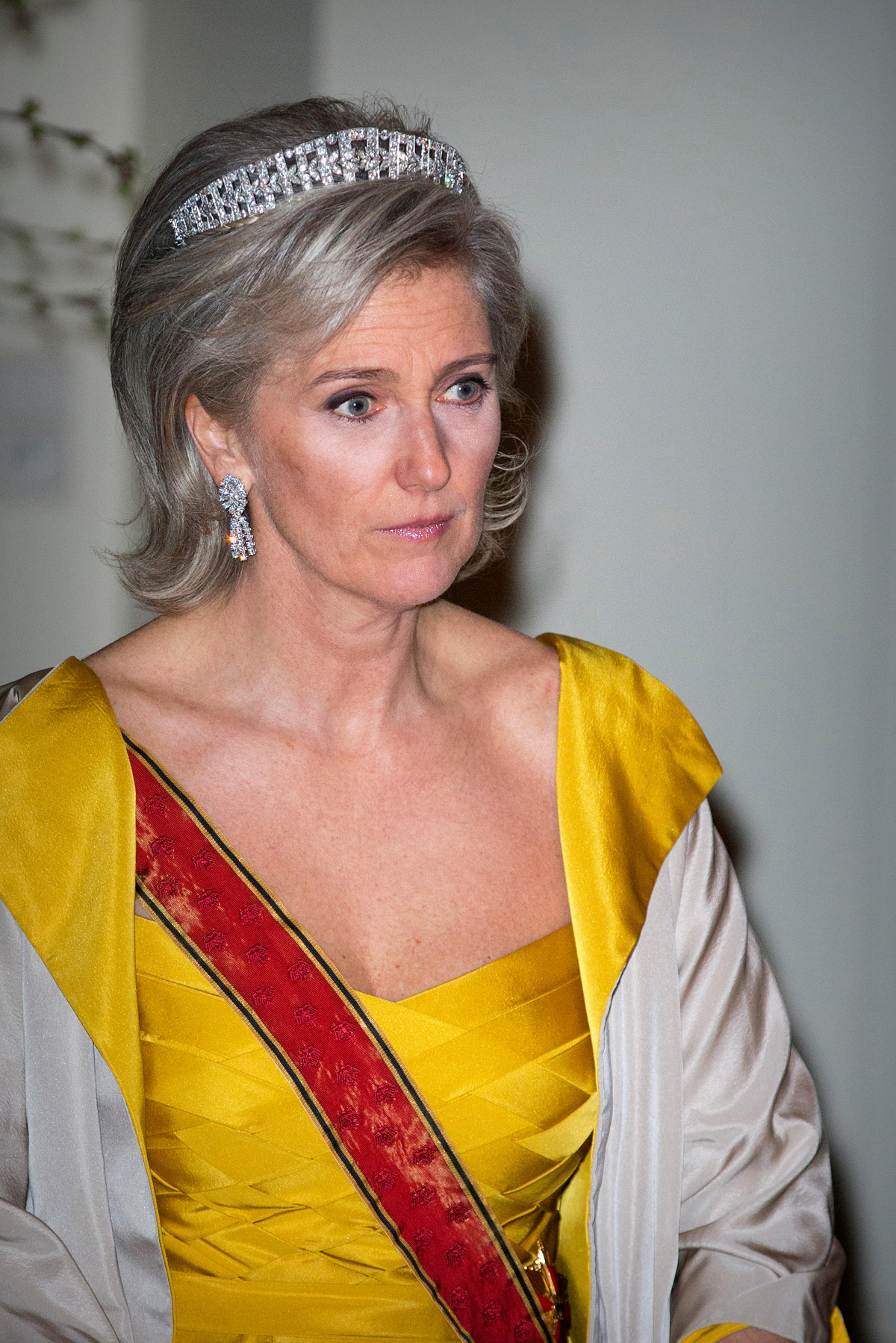 La principessa Astrid del Belgio partecipa a un banchetto a Laeken offerto per il presidente tedesco in visita l'8 marzo 2016 (Patrick van Katwijk/DPA Picture Alliance/Alamy)