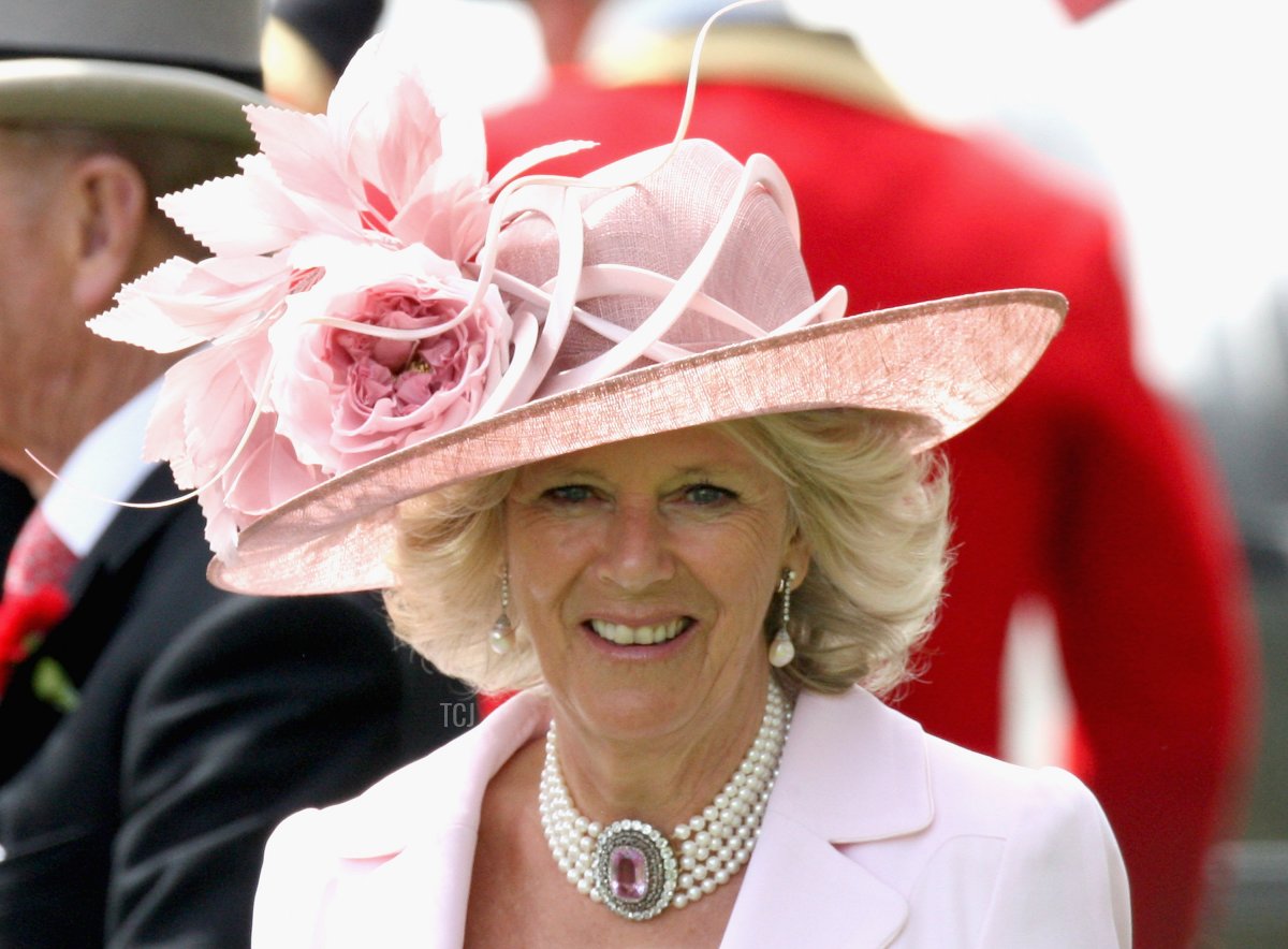 Sua Altezza Camilla, Duchessa di Cornovaglia sorride nel ring di parata in una carrozza trainata da cavalli durante il secondo giorno di Royal Ascot 2009 all'ippodromo di Ascot il 17 giugno 2009 in Ascot, Inghilterra