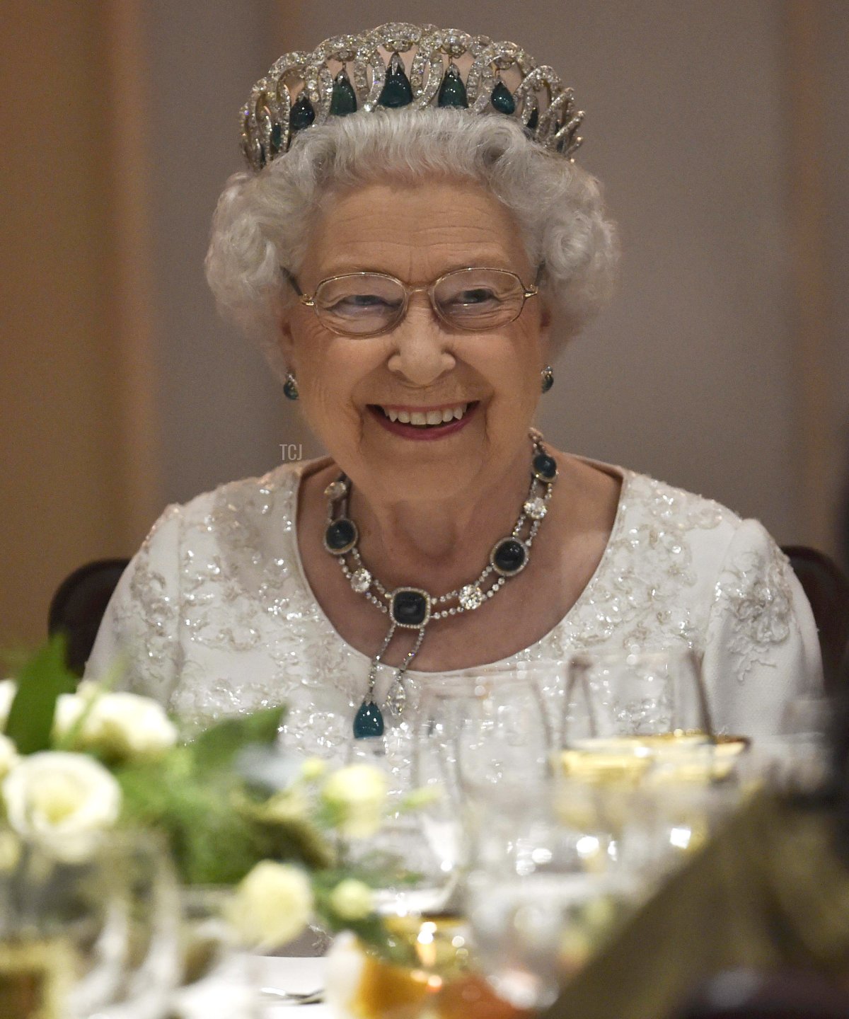 Queen Elizabeth II smiles as she attends a dinner at the Corinthia Palace Hotel in Attard during the Commonwealth Heads of Government Meeting (CHOGM) on November 27, 2015 near Valletta, Malta