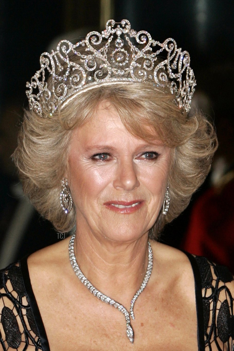 Camilla, Duchessa di Cornovaglia, posa per i fotografi prima di partecipare a un banchetto al Palazzo di Buckingham a Londra il 25 ottobre 2005 in onore del Principe Ereditario Norvegese Haakon e della Principessa Ereditaria Mette-Marit, che sono in visita ufficiale di tre giorni per festeggiare i 100 anni di indipendenza della loro nazione nordica