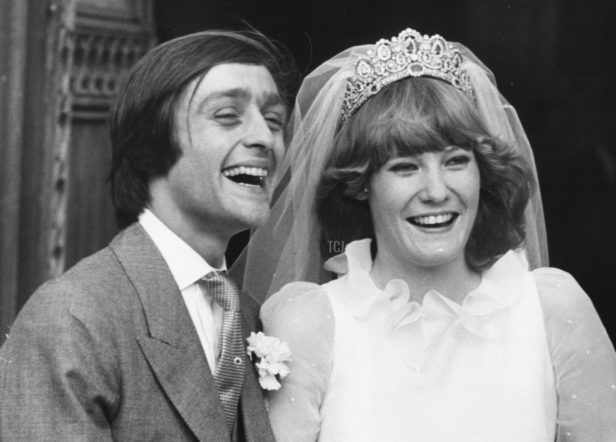 Gerald Grosvenor, 6th Duke of Westminster, and his new wife Natalia Phillips smiling happily on their wedding day outside St Mary's Church, Luton, February 20th 1978