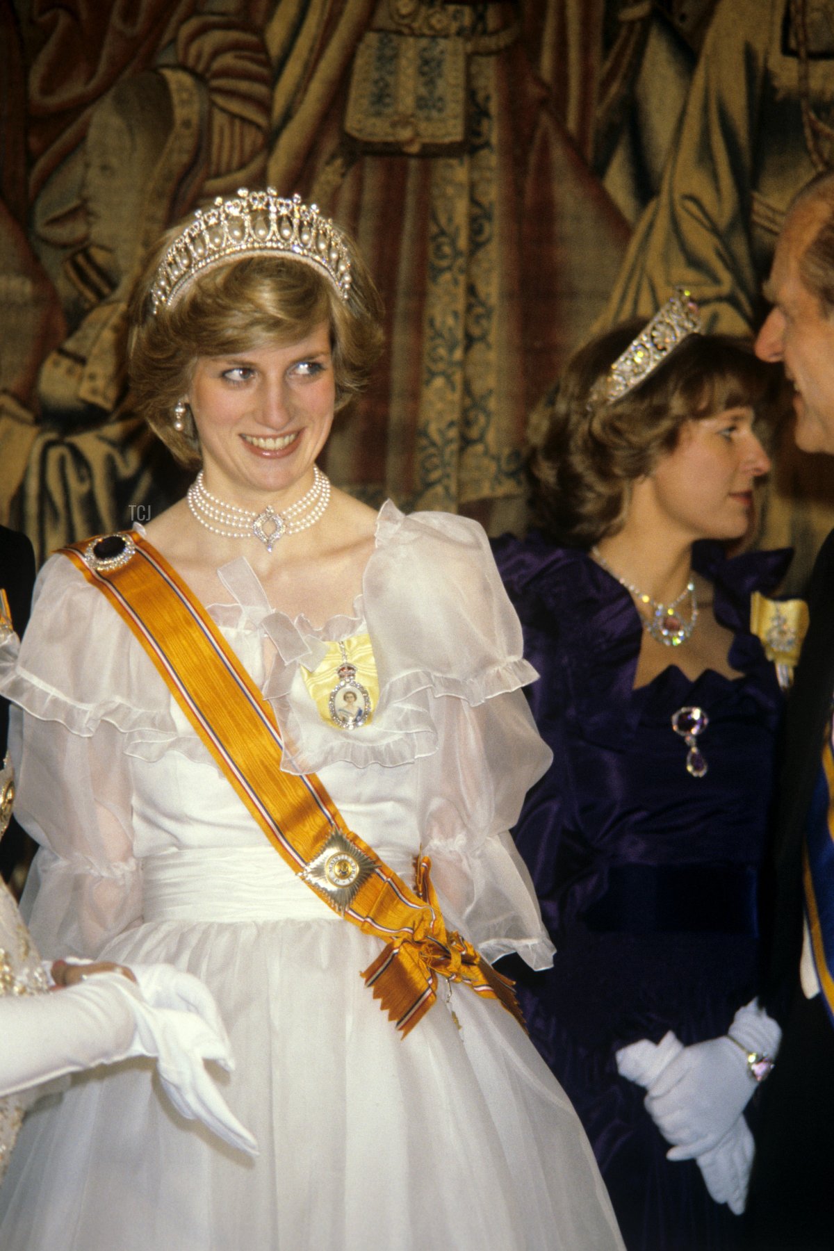 La Principessa del Galles partecipa a un banchetto per la famiglia reale britannica offerto dalla Regina Beatrix e dal Principe Claus dei Paesi Bassi al Palazzo di Hampton Court, 1982 (PA Images/Alamy)