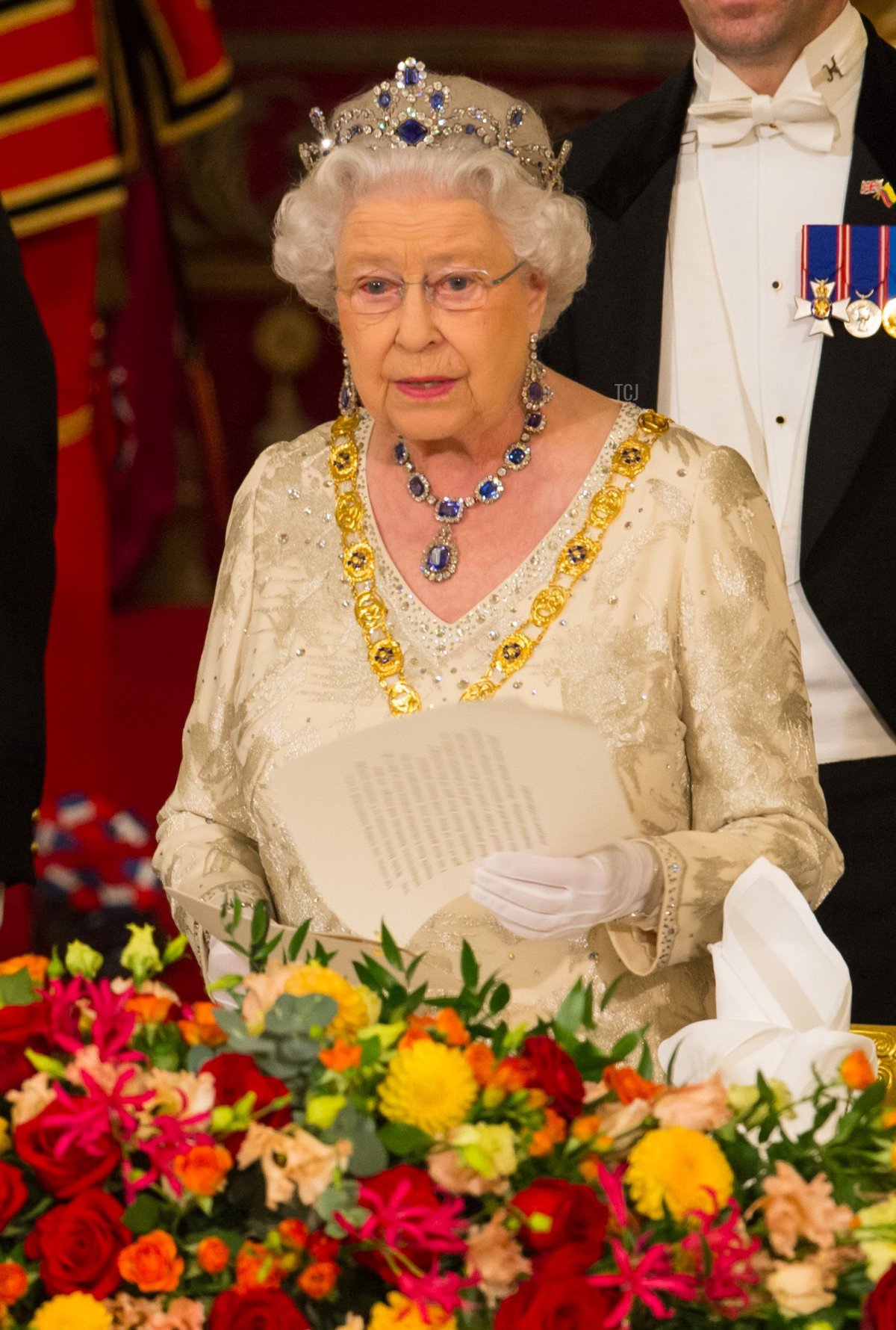 La regina britannica Elisabetta II (R) ospita un banchetto di stato per il presidente colombiano Juan Manuel Santos (L) a Buckingham Palace, a Londra, il 1 novembre 2016