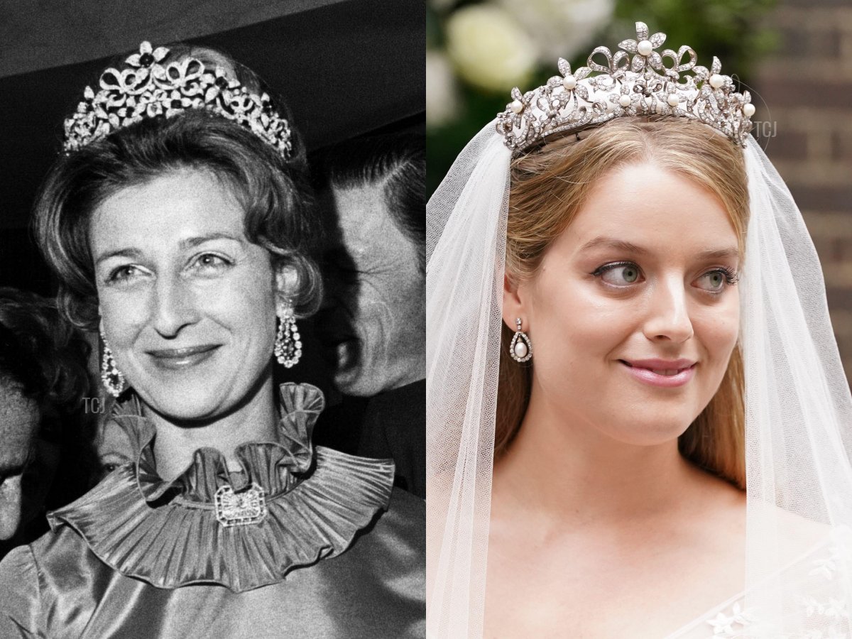 La Principessa Alexandra indossa il diadema al ricevimento del Variety Clubs, Aprile 1972; Flora Ogilvy, nipote della Principessa Alexandra, esce dalla Chiesa di San Giacomo dopo la cerimonia