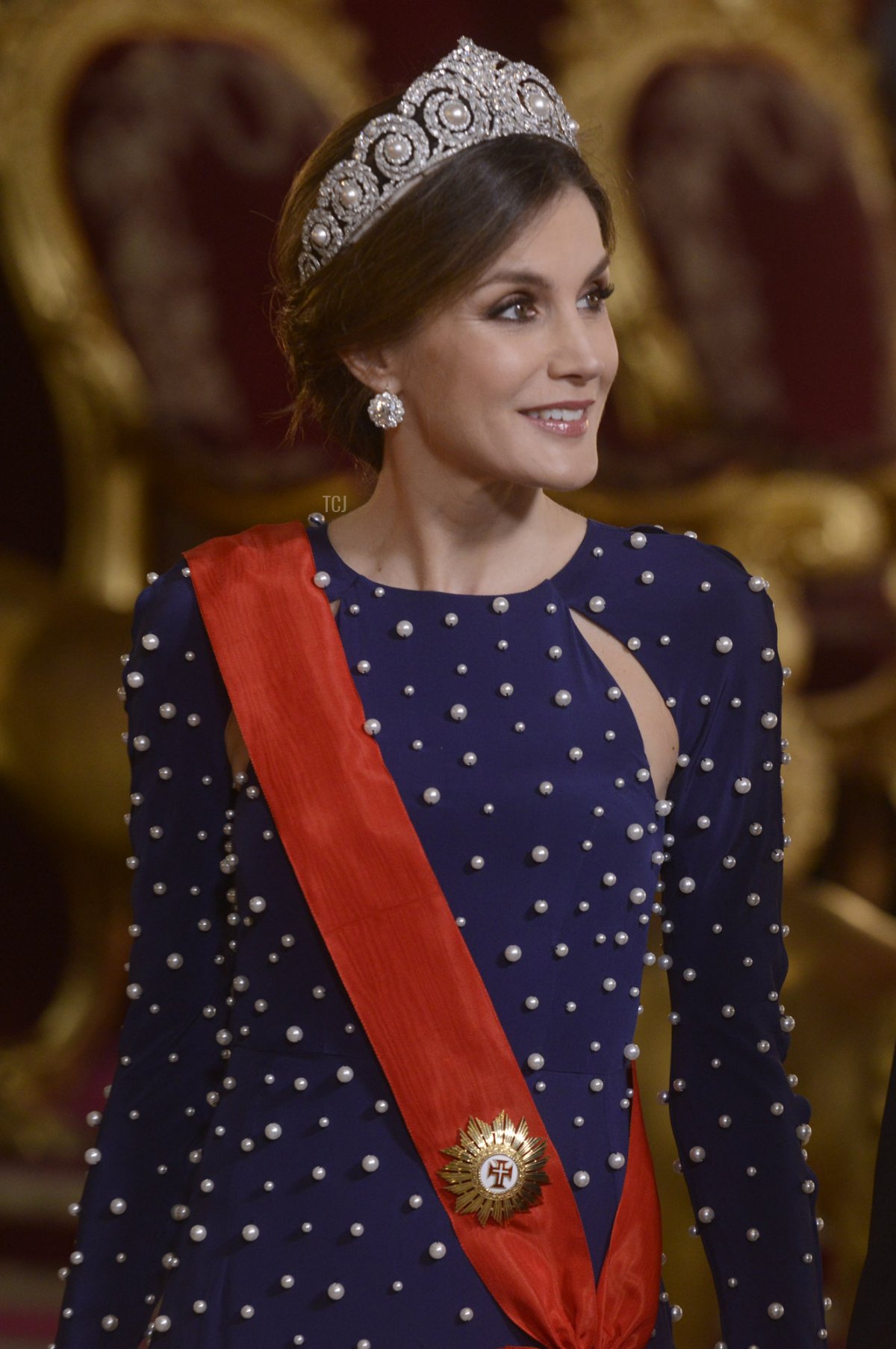 Queen Letizia of Spain and President of Portugal Marcelo Rebelo de Sousa attend a dinner gala for the President of Portugal Marcelo Rebelo de Sousa at the Royal Palace on April 16, 2018 in Madrid, Spain