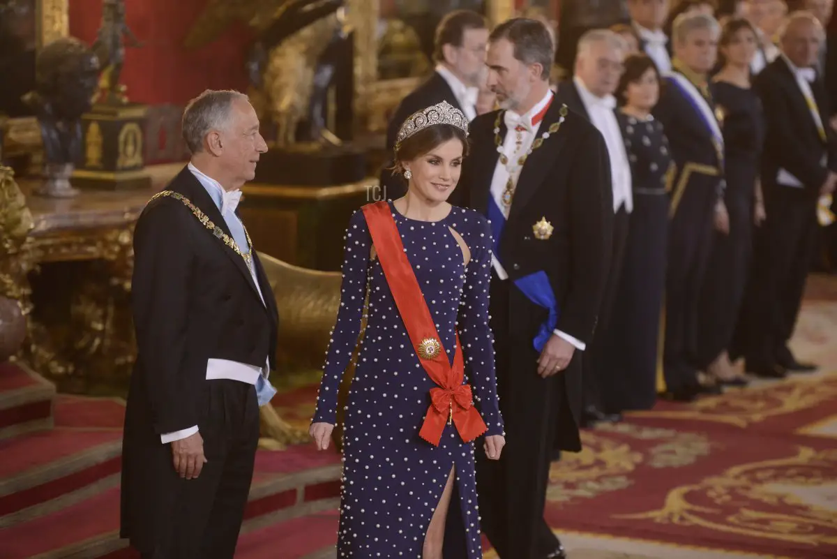 President of Portugal Marcelo Rebelo de Sousa, Queen Letizia of Spain and King Felipe VI of Spain attend a dinner gala for the President of Portugal Marcelo Rebelo de Sousa at the Royal Palace on April 16, 2018 in Madrid, Spain