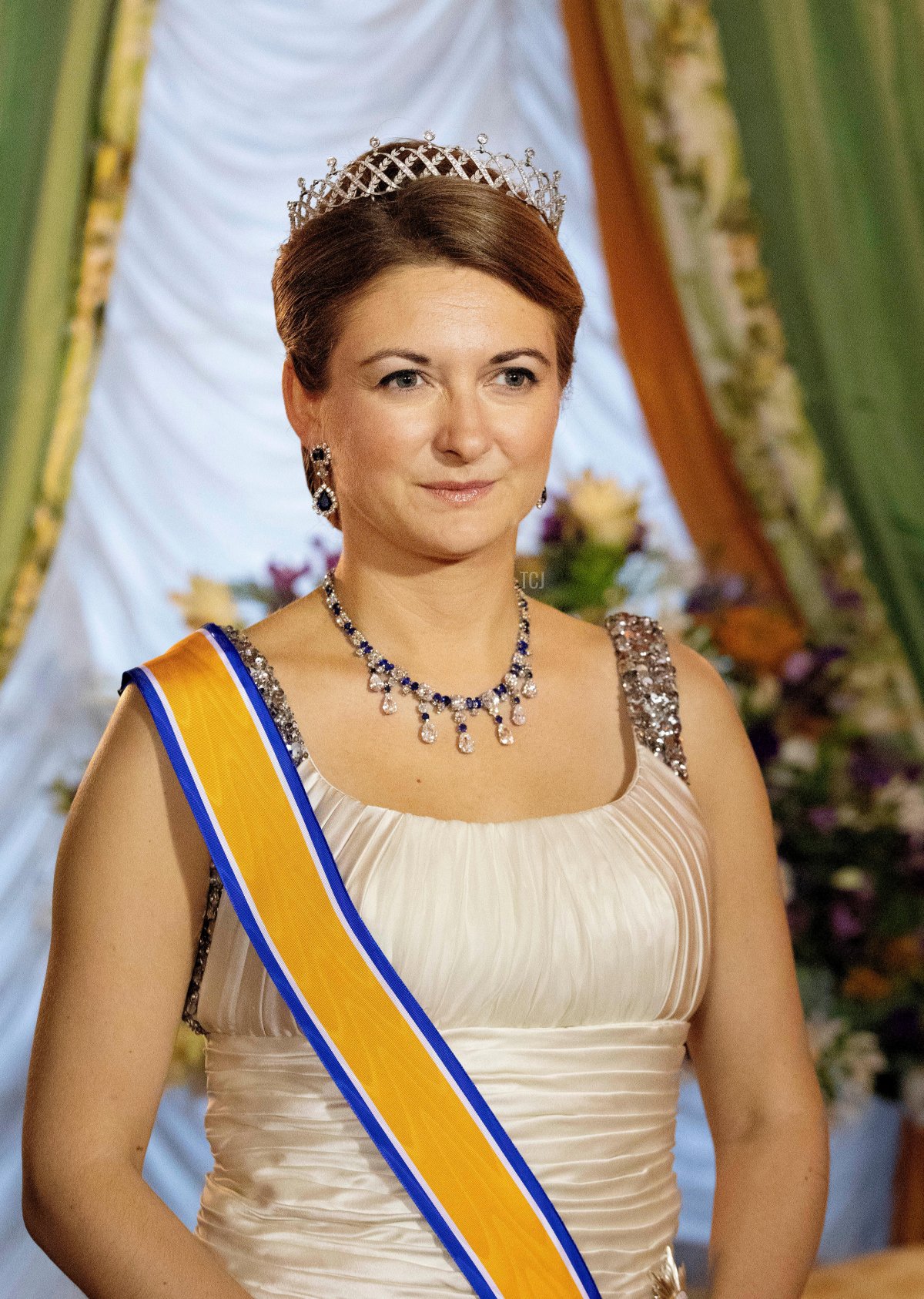 La Granduchessa ereditiera Stephanie di Lussemburgo al Palais Grand-Ducal in Lussemburgo, il 23 maggio 2018, foto ufficiale prima del Banchetto di Stato