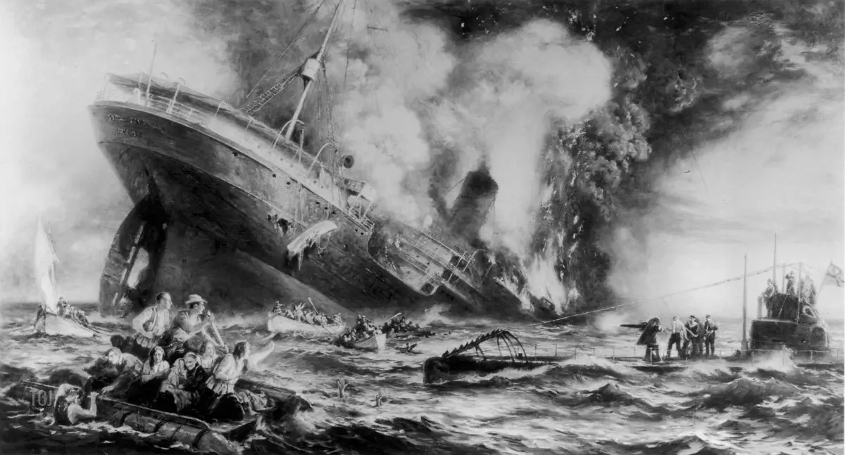 7 maggio 1915: L'affondamento del transatlantico Cunard 'Lusitania' da parte di un sottomarino tedesco al largo della Old Head di Kinsale, in Irlanda