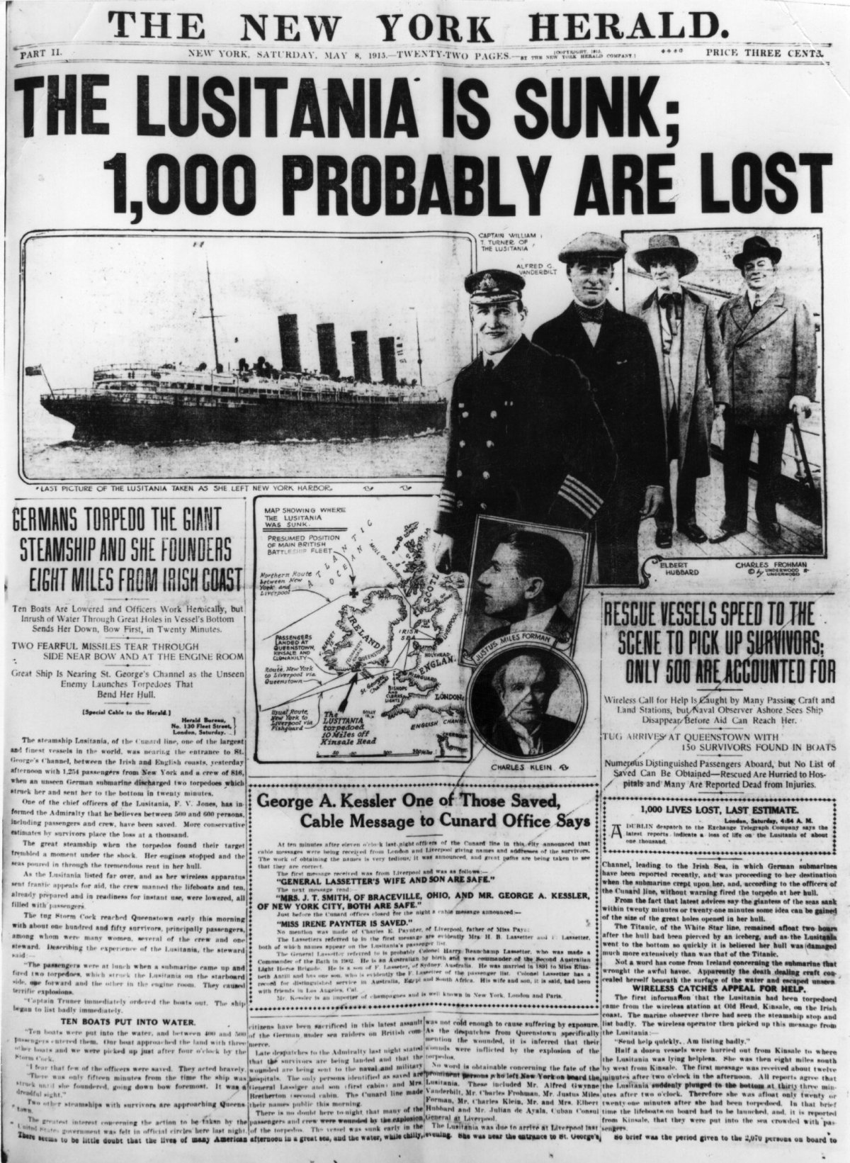 8 maggio 1915: Prima pagina del New York Herald che riporta la notizia dell'affondamento del transatlantico britannico 'Lusitania' da parte di un sottomarino tedesco il 7 maggio 1915