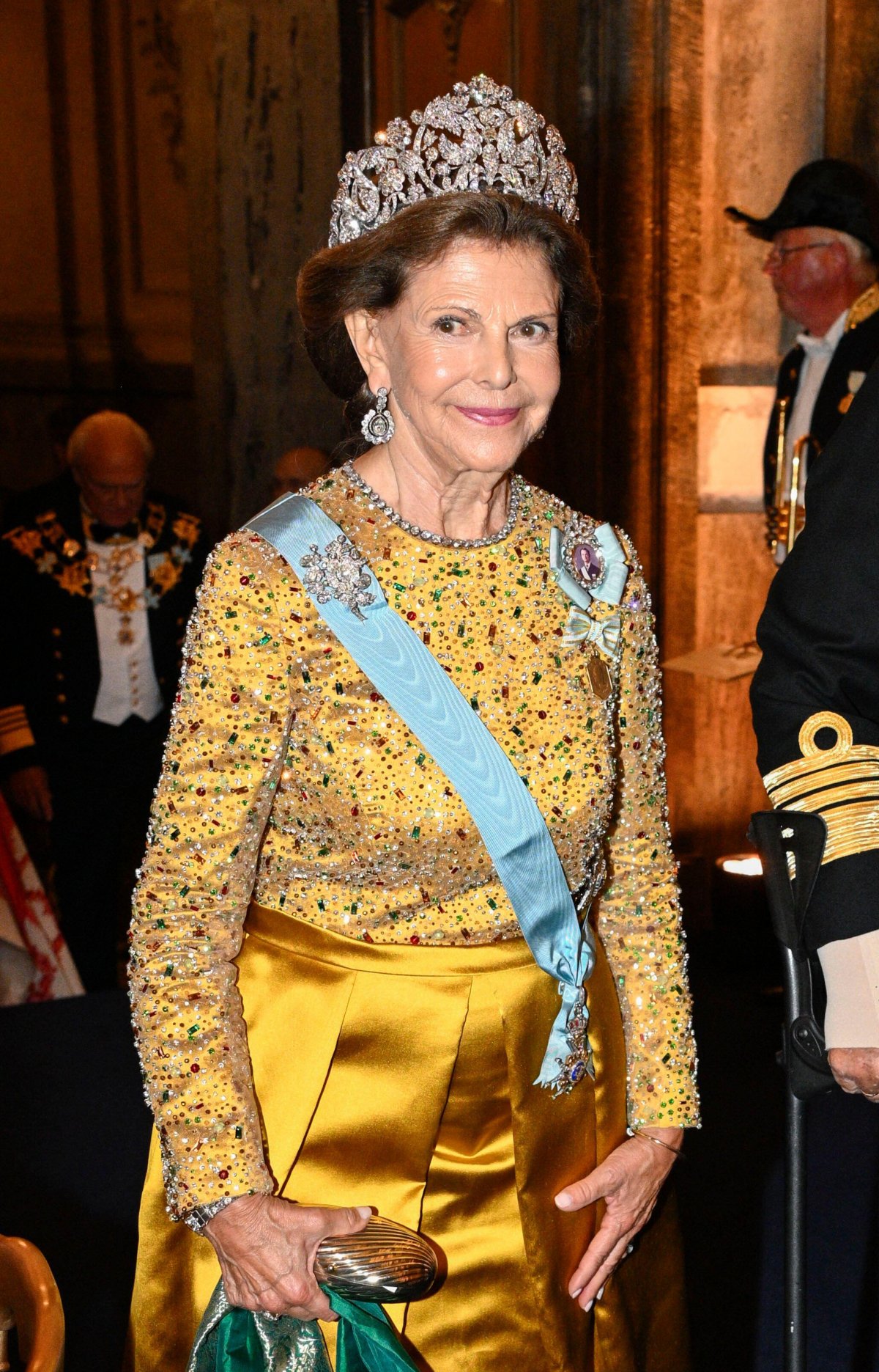 La Regina Silvia di Svezia arriva al banchetto per il Giubileo d'Oro del Re Carl XVI Gustaf al Palazzo Reale di Stoccolma il 15 settembre 2023 (Anders Wiklund/TT News Agency/Alamy)