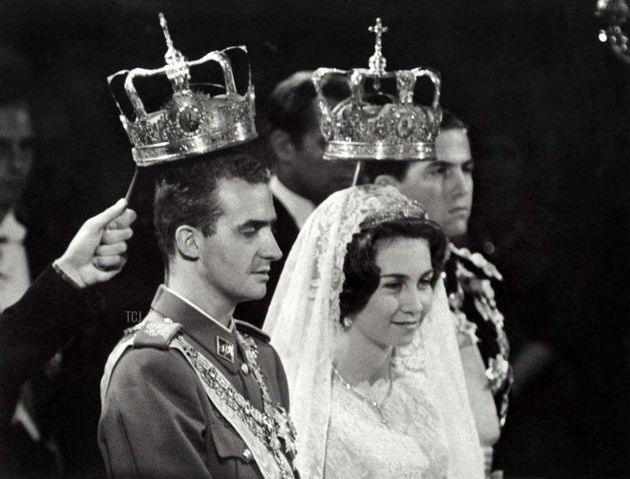 Principe Juan Carlos di Spagna e sua moglie Principessa Sofia di Grecia, inquadrati il 14 maggio 1962 ad Atene durante il loro matrimonio