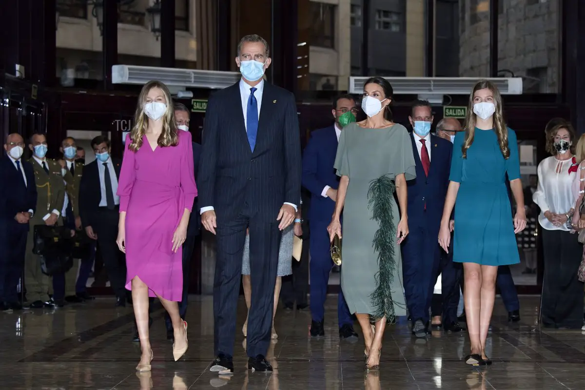 King Felipe VI of Spain, Queen Letizia of Spain, Crown Princess Leonor of Spain (L) and Princess Sofia of Spain (R) attend the 29th Princess of Asturias Awards Concert at Prince Felipe Auditorium during the 'Princess of Asturias Awards 2021' on October 21, 2021 in Oviedo, Spain