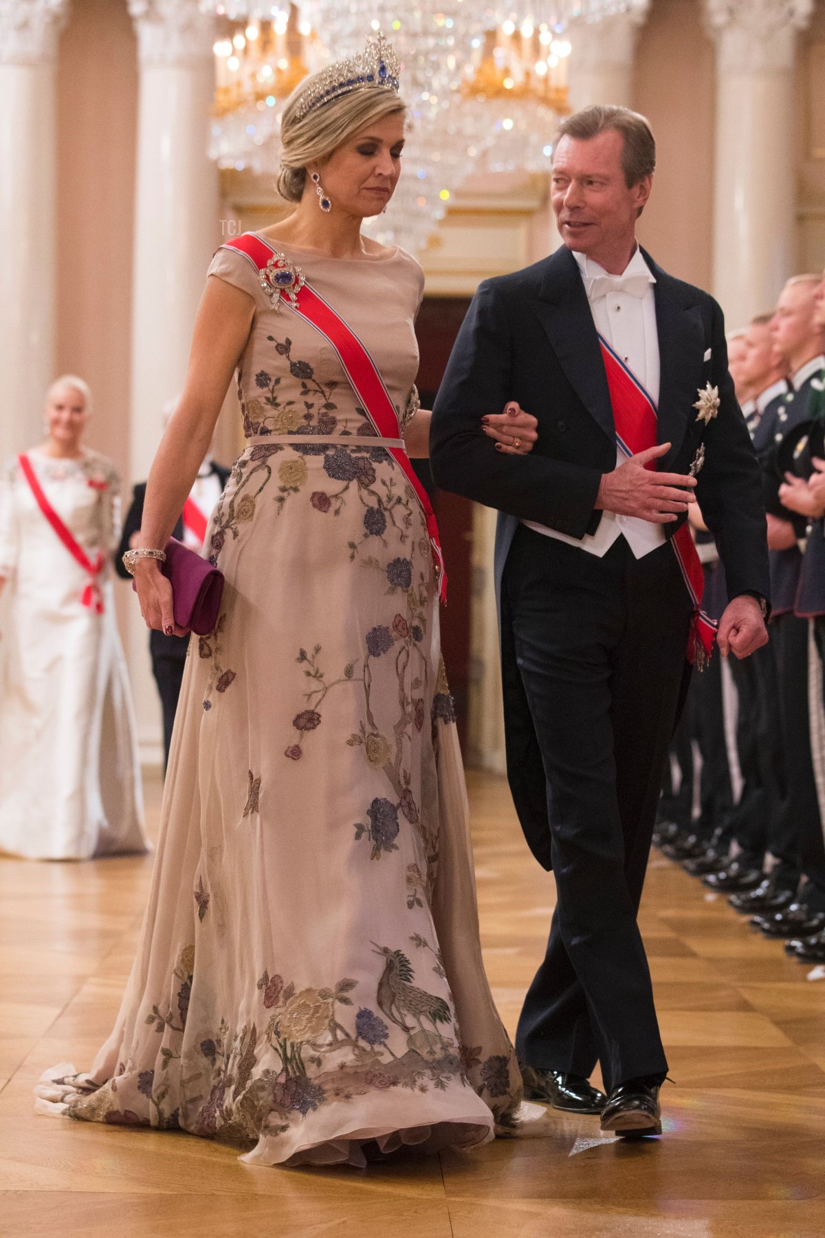 Il Granduca Henri di Lussemburgo e la regina Maxima dei Paesi Bassi arrivano a una cena di gala al Palazzo Reale di Oslo, Norvegia il 9 maggio 2017 per celebrare l'80° compleanno del re e della regina