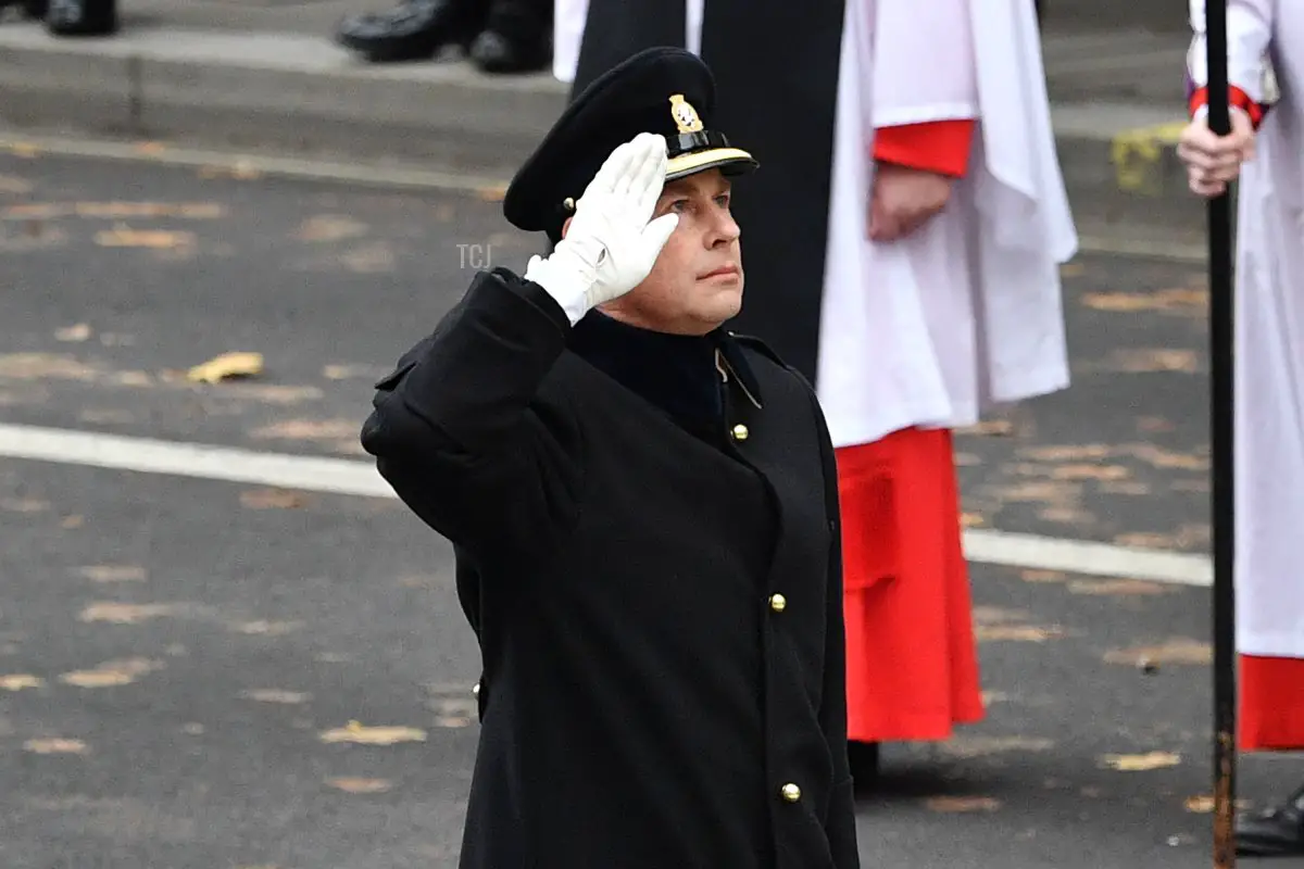 Prince Edward, Earl of Wessex salutes at The Cenotaph during the Remembrance Sunday ceremony in Whitehall on November 14, 2021 in London, England