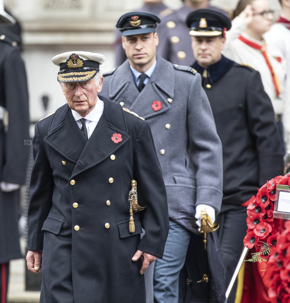 Prince Charles, Prince of Wales leads Prince William, Duke of Cambridge and Prince Edward, Earl of Wessex to the Cenotaph during the National Service Of Remembrance on November 14, 2021 in London, United Kingdom