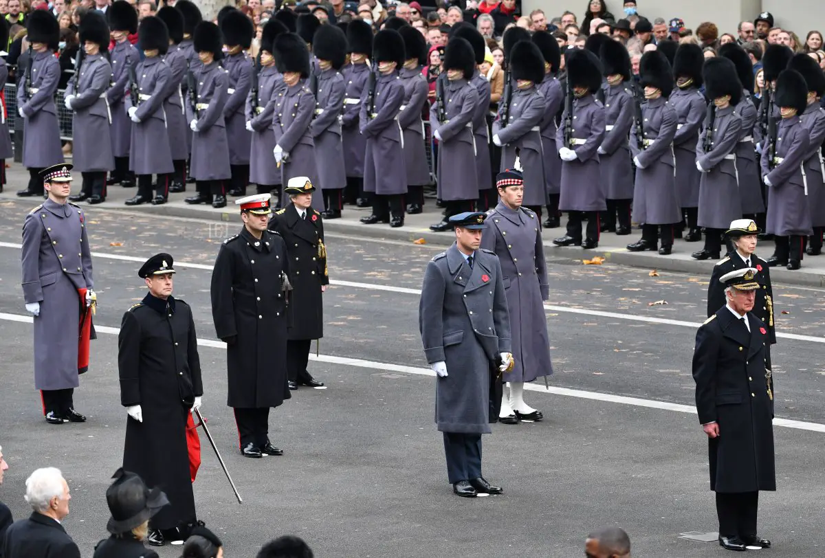 UK Prince Edward, Earl of Wessex, (2nd L), UK Prince William, Duke of Cambridge, (C), Prince Charles, Prince of Wales (2nd L) and Princess Anne, Princess Royal (R) attend the Remembrance Sunday ceremony at the Cenotaph in Whitehall on November 14, 2021 in London, England