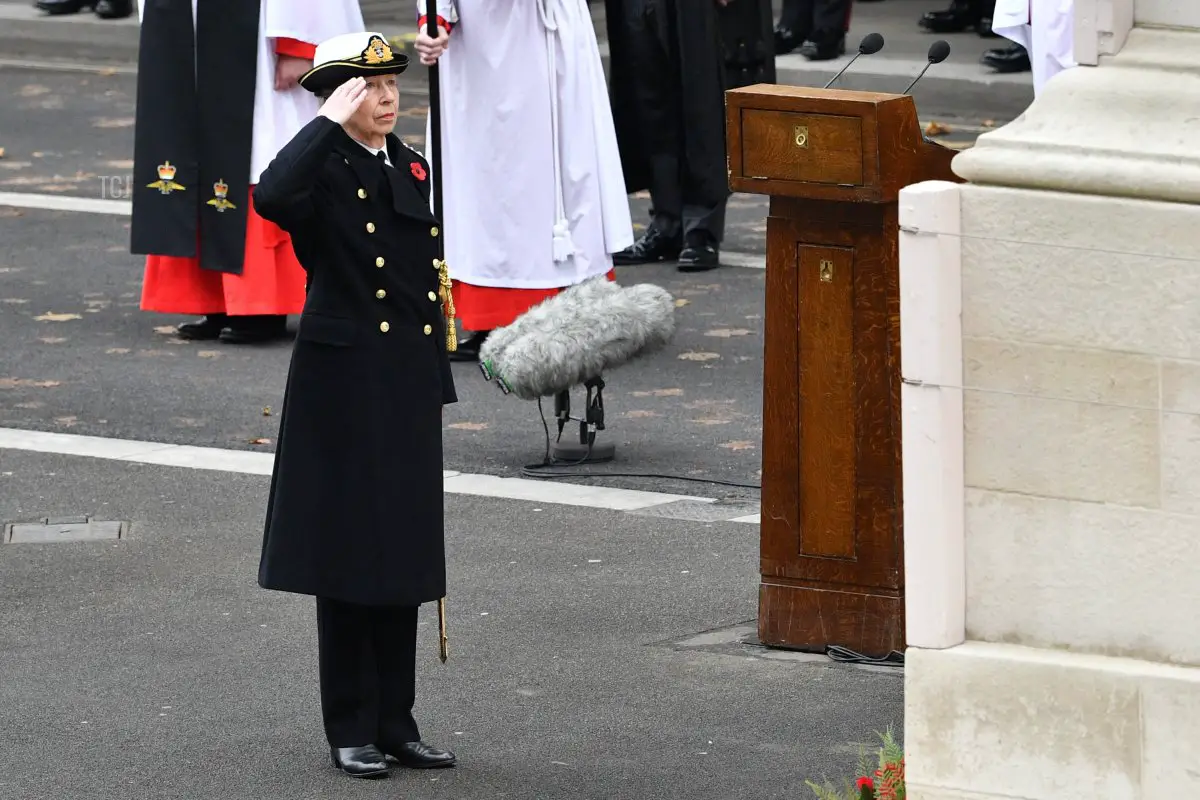 Princess Anne, Princess Royal salutes at The Cenotaph during the Remembrance Sunday ceremony in Whitehall on November 14, 2021 in London, England