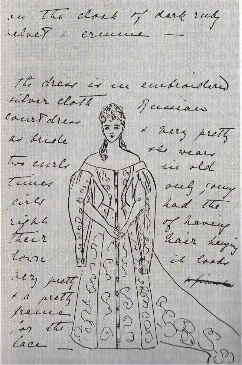 Disegno della granduchessa Ella del vestito da sposa dell'imperatrice Alexandra