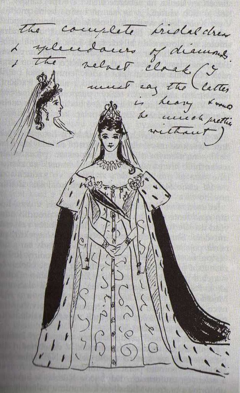 Disegno della granduchessa Ella del vestito da sposa dell'imperatrice Alexandra