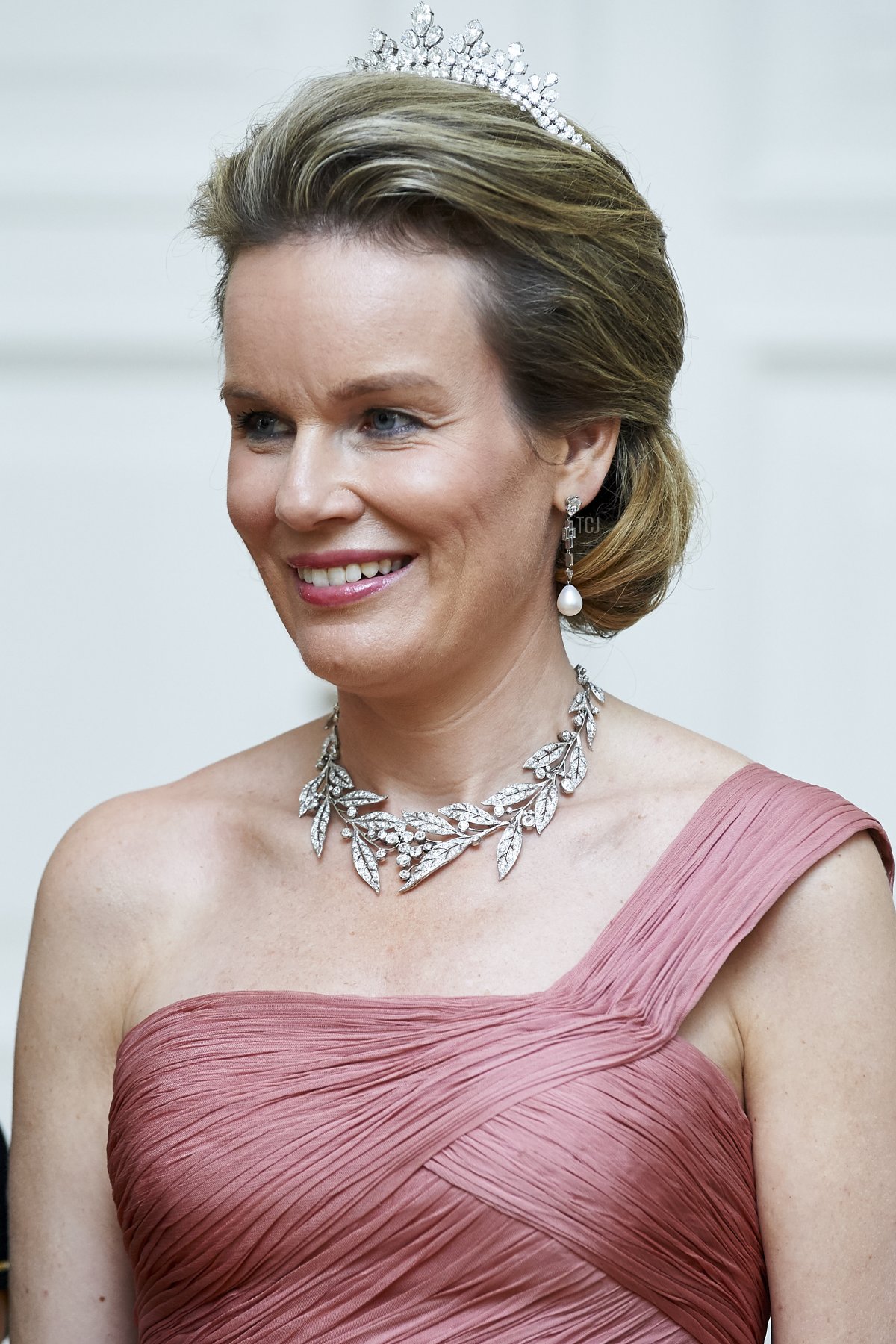 La Regina Mathilde del Belgio sorride durante la cena ufficiale al Palazzo Presidenziale nell'ambito della visita reale ufficiale in Polonia il 13 ottobre 2015 a Varsavia, Polonia