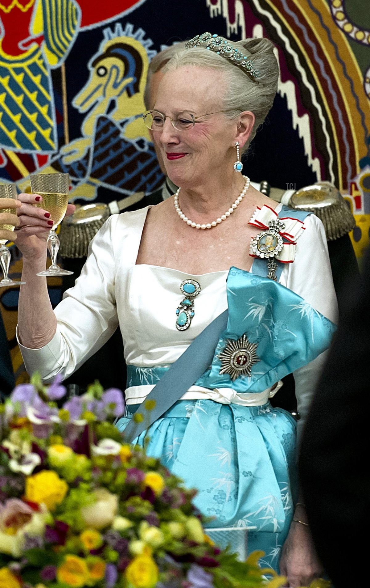 La regina Margrethe di Danimarca e il presidente cinese Hu Jintao partecipano a un banchetto ufficiale a Palazzo Christiansborg a Copenaghen il 15 giugno 2012