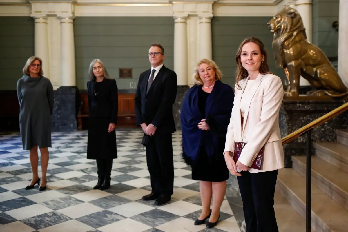 Princess Ingrid Alexandra of Norway (R) poses at the Supreme Court in Oslo during an official visit on January 20, 2022