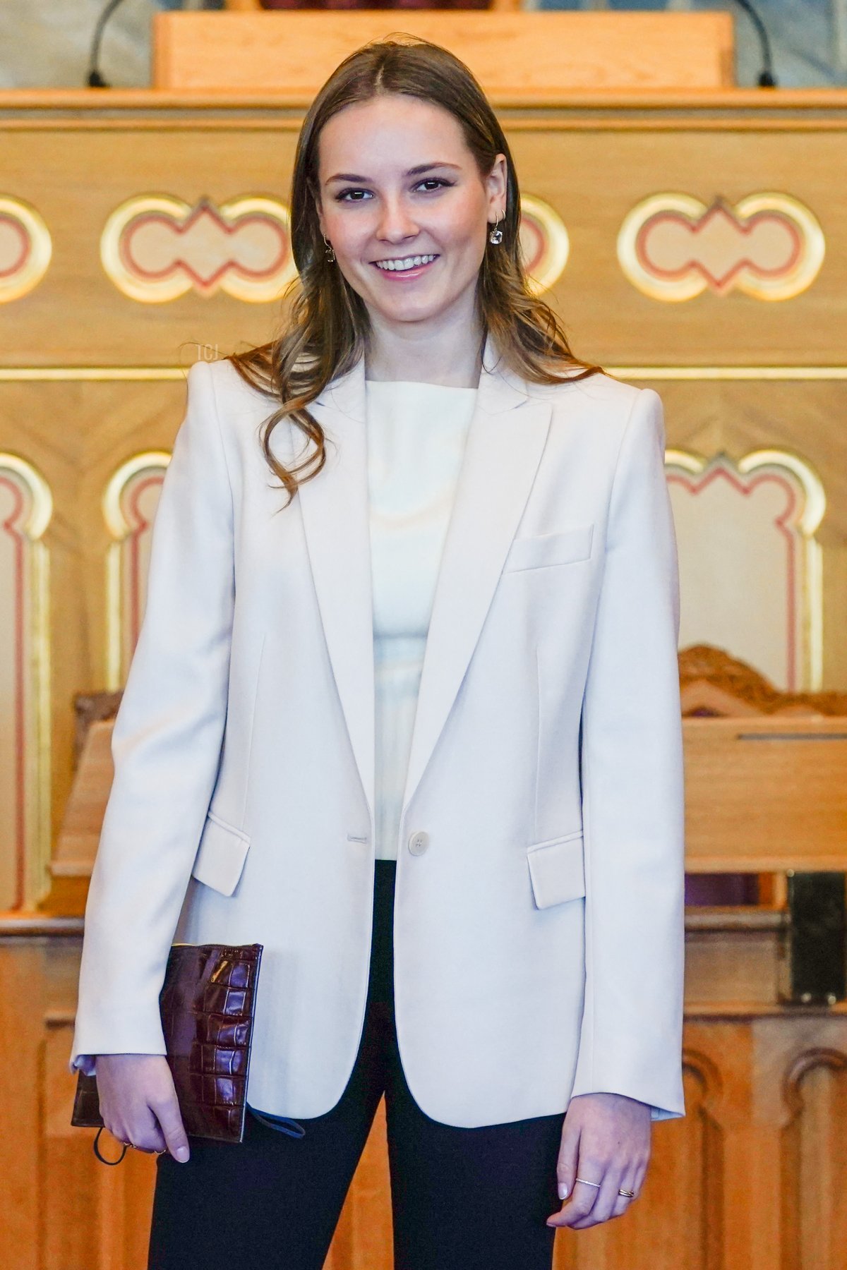 Princess Ingrid Alexandra of Norway poses at the Norwegian parliament in Oslo during an official visit on January 20, 2022