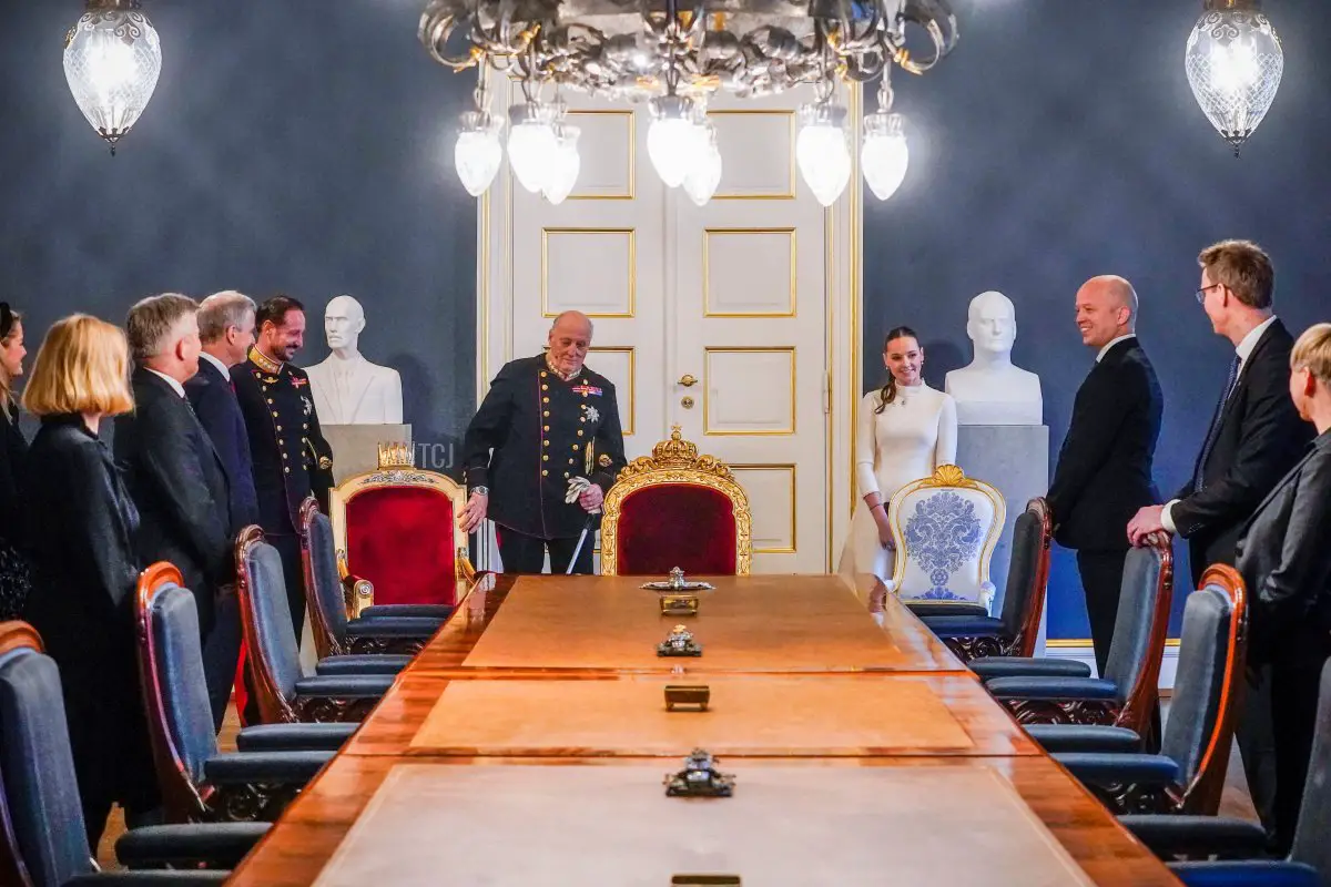 Princess Ingrid Alexandra of Norway (4R) together with Crown Prince Haakon of Norway (5L), King Harald V of Norway (5R), Norwegian Prime Minister Jonas Gahr Stoere (4L), Norwegian Minister of Fisheries and Ocean Policy Bjoernar Selnes Skjaeran (3L), and Norwegian Finance Minister Trygve Slagsvold Vedum (3R) attends a cabinet meeting in the Royal Palace on her 18th birthday, in Oslo on January 21, 2022