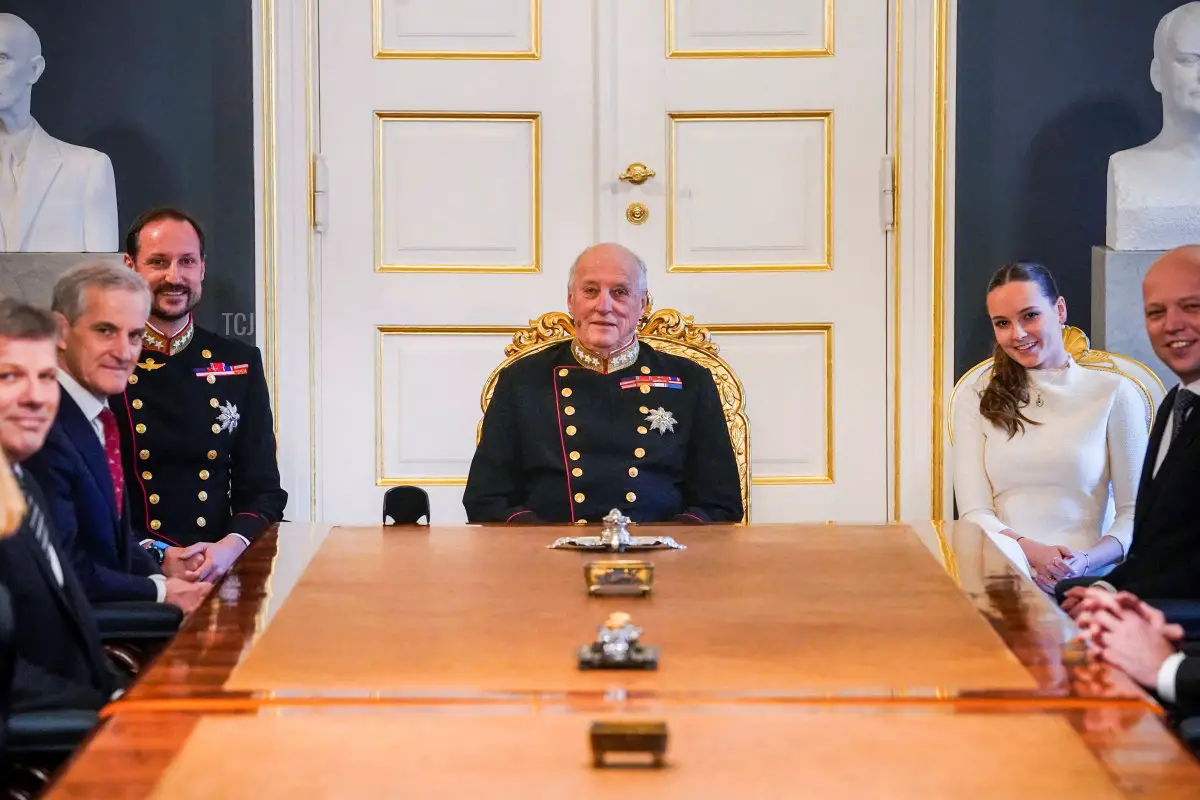 Princess Ingrid Alexandra of Norway (2R) together with Crown Prince Haakon of Norway (3L), King Harald V of Norway (C), Norwegian Prime Minister Jonas Gahr Stoere (2L), Norwegian Minister of Fisheries and Ocean Policy Bjoernar Selnes Skjaeran (L), and Norwegian Finance Minister Trygve Slagsvold Vedum (R) attends a cabinet meeting in the Royal Palace on her 18th birthday, in Oslo on January 21, 2022