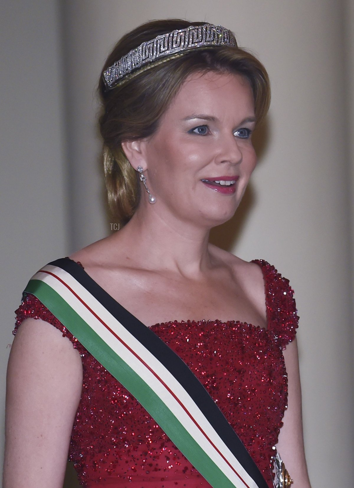 Queen Mathilde of Belgium attends a gala dinner at the Laeken royal Palace in Brussels, on May 18, 2016