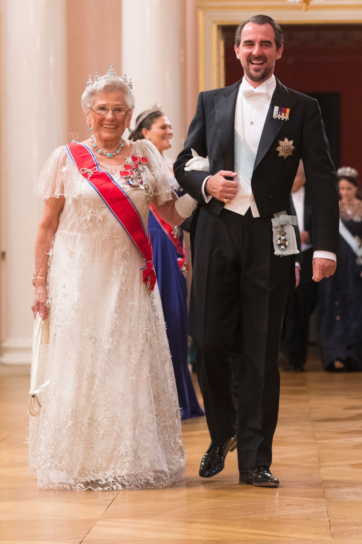 Il Principe Nikolaos di Grecia e la Principessa Astrid di Norvegia arrivano per una cena di gala al Palazzo Reale di Oslo, Norvegia, il 9 maggio 2017 per celebrare l'80° compleanno del Re e della Regina