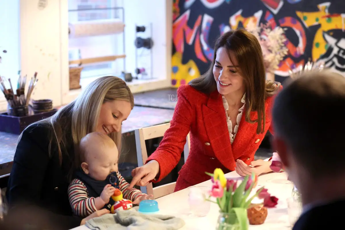 Catherine, Duchess of Cambridge speaks to parents that benefited from the program during a visit at the 'Copenhagen Infant Mental Health Project' (CIMPH) 'Understanding Your Baby Project' at Børnemuseet Children's Museum on February 22, 2022 in Copenhagen, Denmark