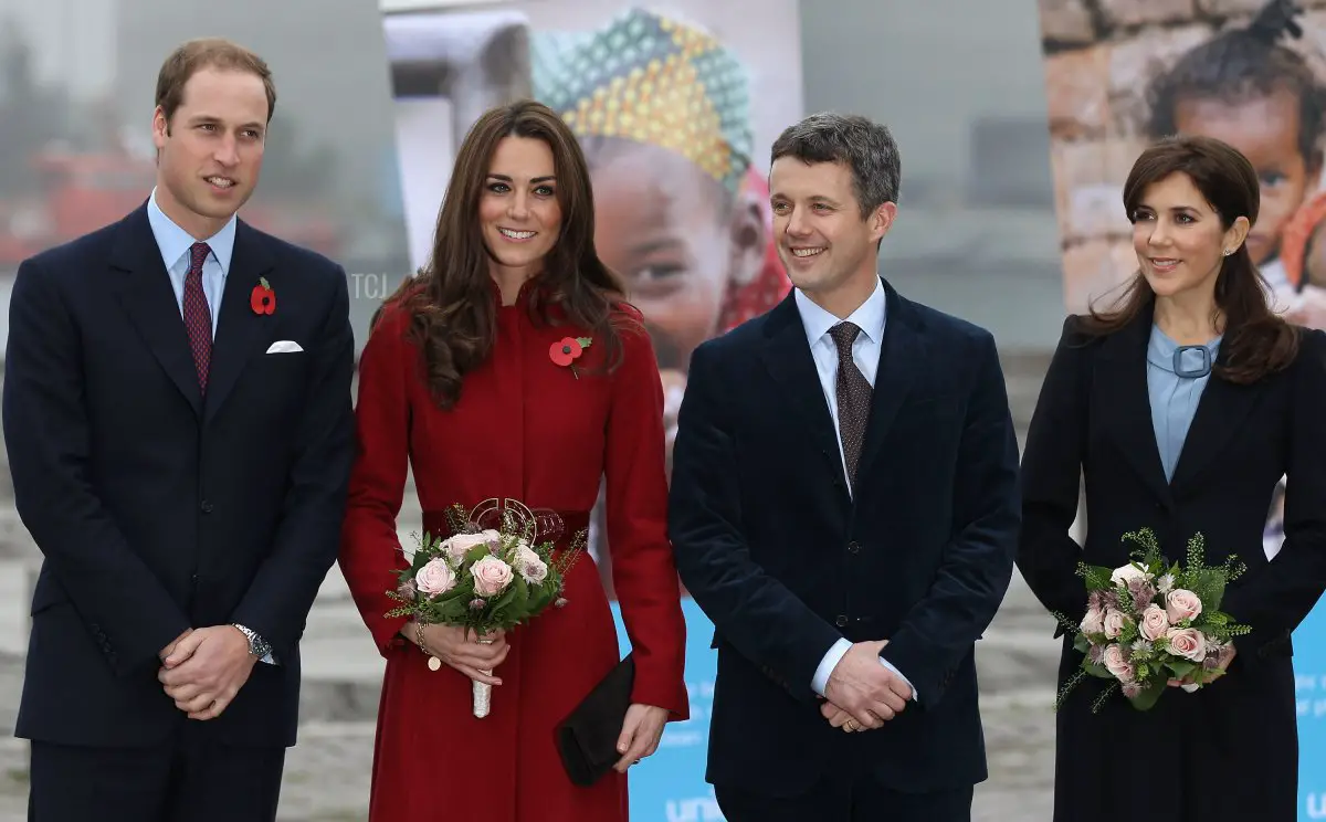 Prince William, Duke of Cambridge, (L) Catherine, Duchess of Cambridge, (2nd L) Frederik, Crown Prince of Denmark and Crown Princess Mary of Denmark visit the UNICEF Global Supply Centre on November 2, 2011 in Copenhagen, Denmark