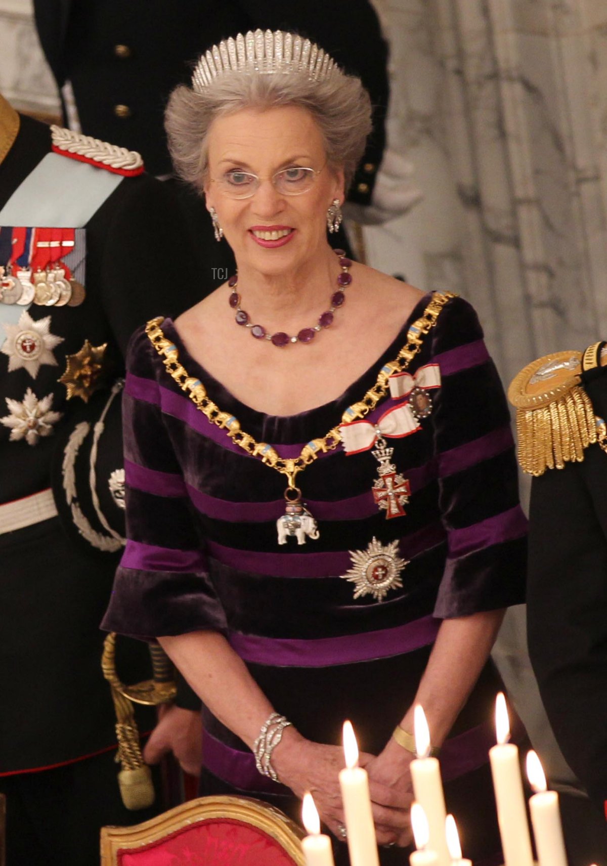 La Principessa Benedikte di Danimarca arriva per la Cena di Gala al Castello di Christiansborg in occasione del 40° anniversario di regno della Regina danese Margrethe a Copenaghen, Danimarca, 15 gennaio 2012