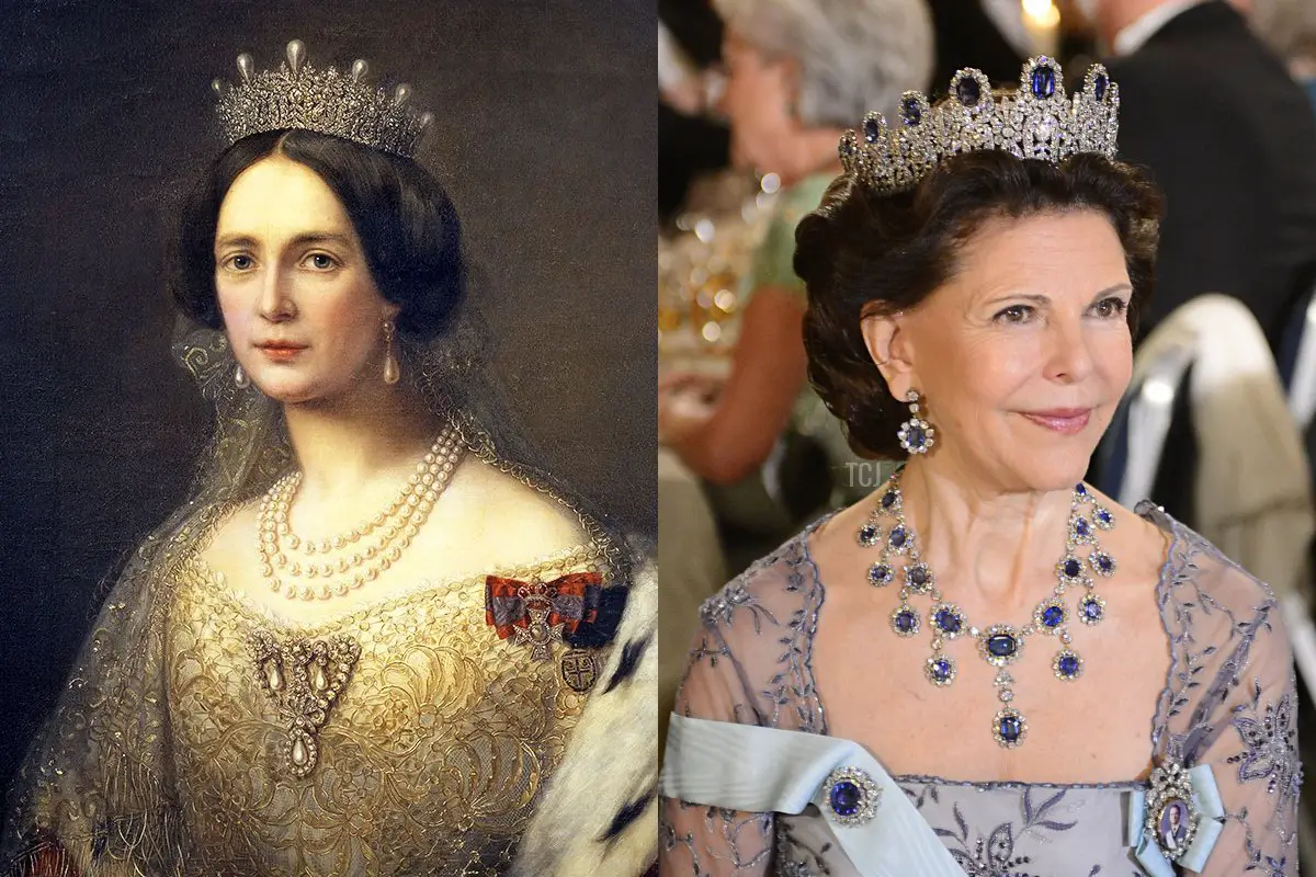 La regina Giuseppina di Svezia e la regina Silvia di Svezia indossano la tiara di zaffiro di Leuchtenberg