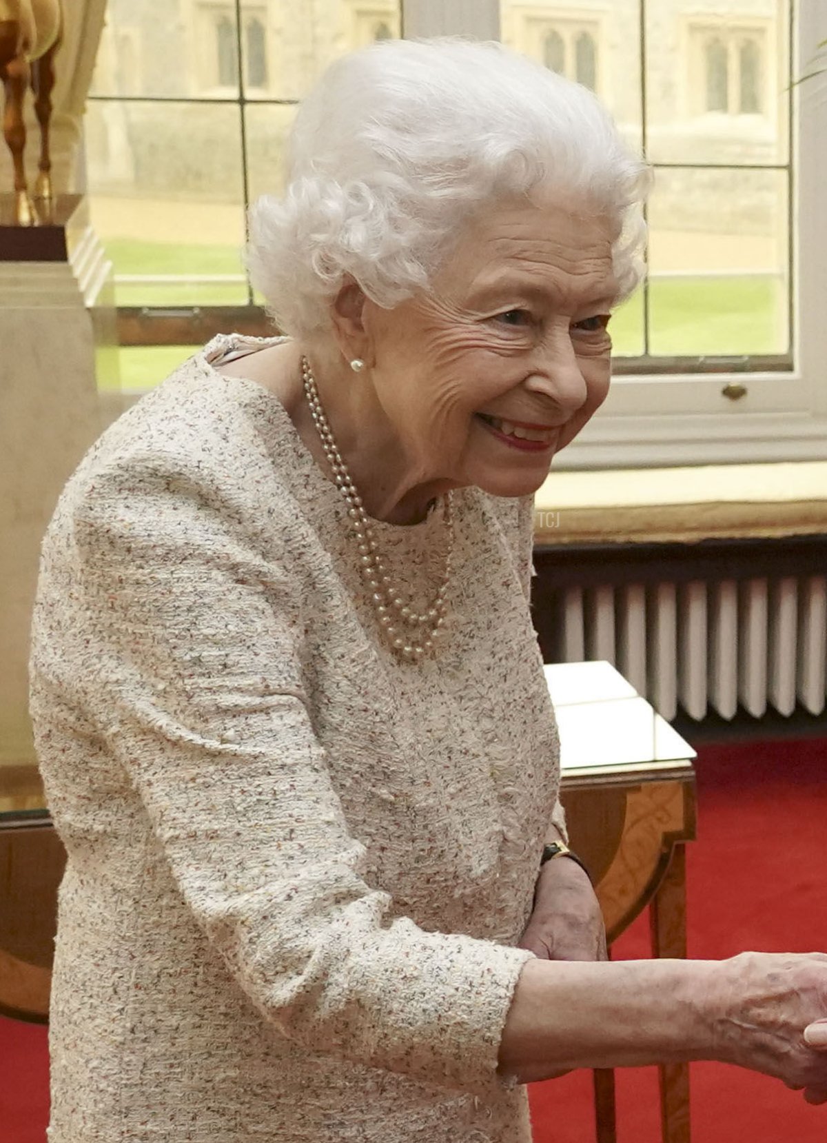 La regina britannica Elisabetta II presenta la Medaglia d'Oro della Regina per la Poesia alla poetessa guyanese Grace Nichols durante un'udienza privata al Castello di Windsor, il 16 marzo 2022