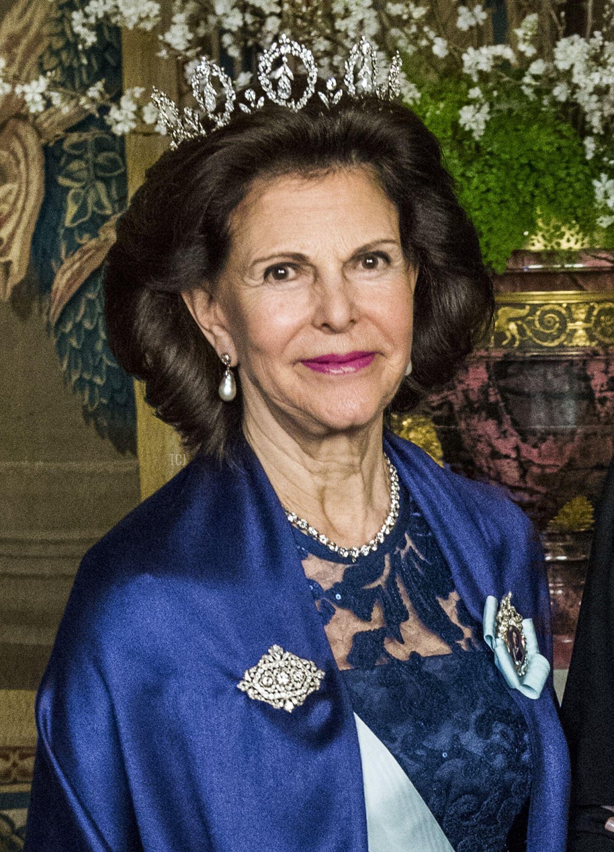 La Regina Silvia e il Re Carl XVI Gustaf durante la cena ufficiale al Palazzo Reale di Stoccolma, Svezia, 23 marzo 2017