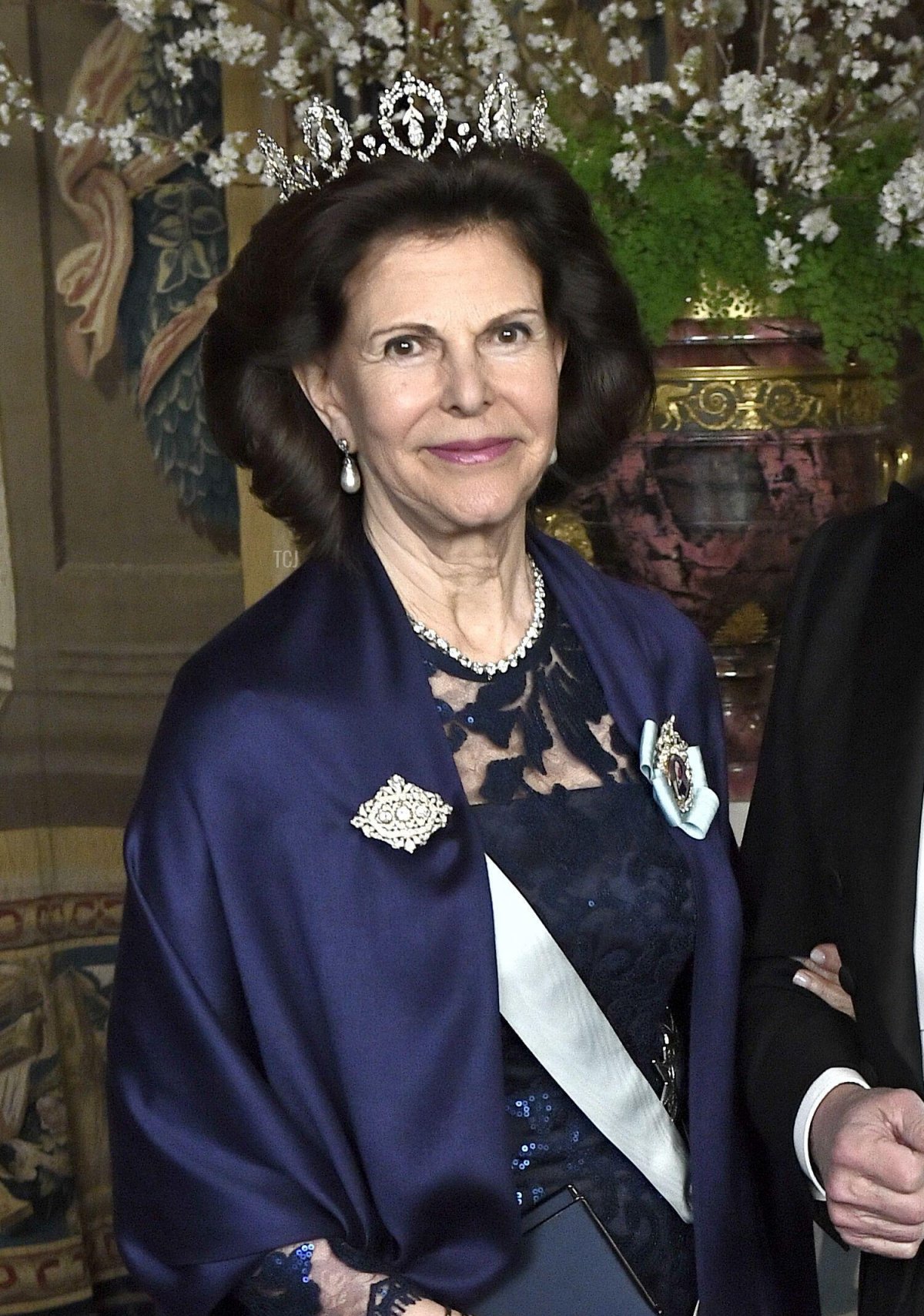 La Regina Silvia e il Re Carl XVI Gustaf durante la cena ufficiale al Palazzo Reale di Stoccolma, Svezia, 23 marzo 2017