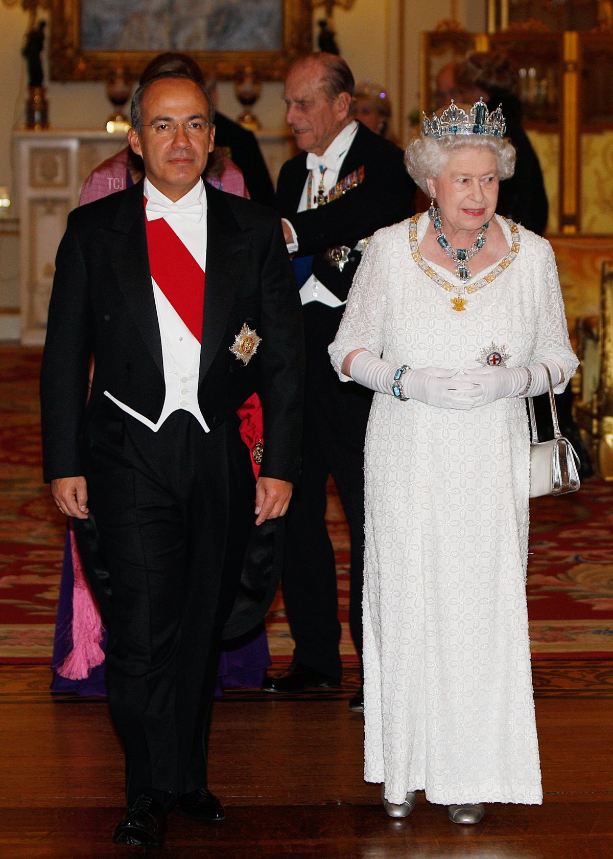 Il Presidente del Messico Felipe Calderon (a sinistra) partecipa a un banchetto di stato organizzato dalla Regina Elisabetta II (a destra) a Buckingham Palace il 30 marzo 2009 a Londra, Inghilterra