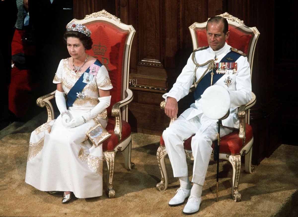 Queen Elizabeth II and Prince Philip, Duke of Edinburgh attend the State Opening of Parliament in New Zealand in 1977 during her Silver Jubilee tour