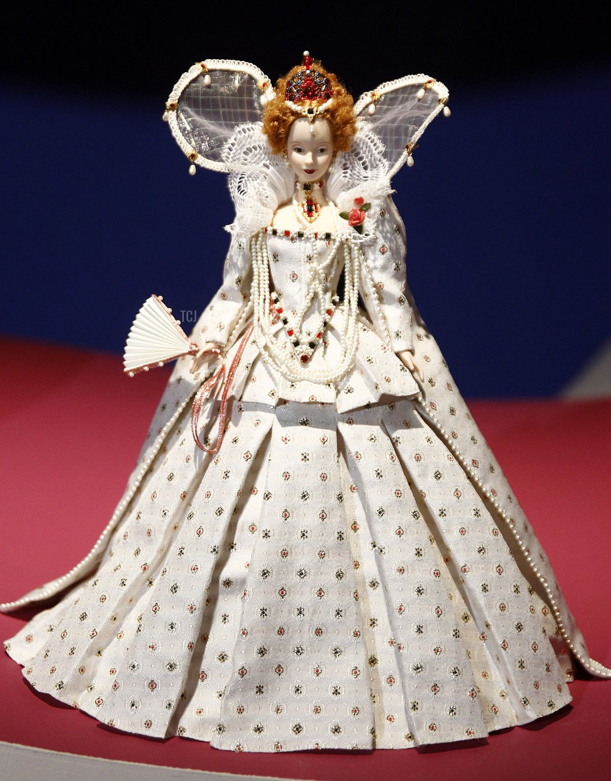 A Barbie doll dressed as Queen Elizabeth I is displayed during the exhibition 