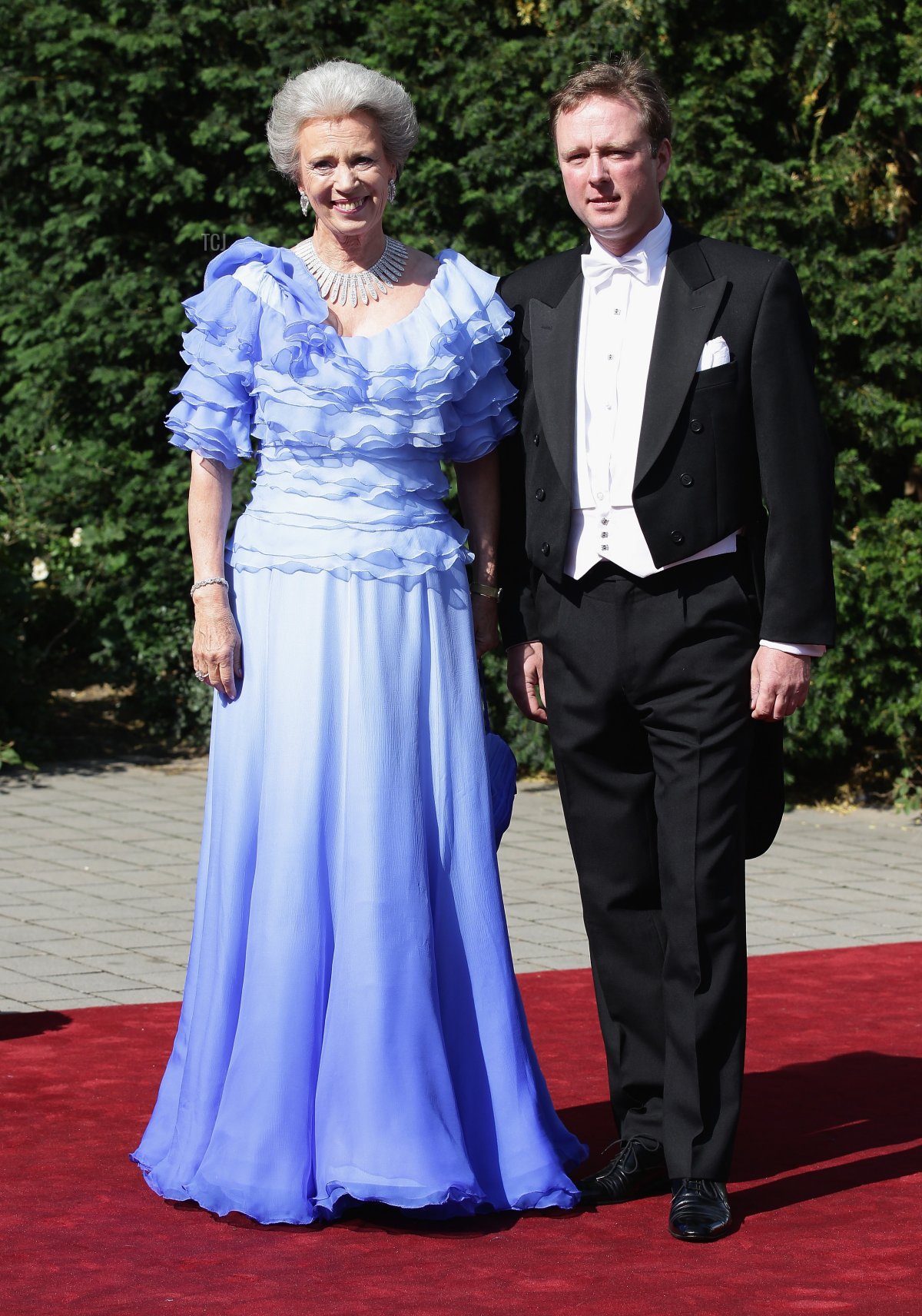 Princess Benedikte of Denmark and son Prince Gustav zu Sayn-Wittgenstein-Berleburg arrive for the wedding of Princess Nathalie zu Sayn-Wittgenstein-Berleburg and Alexander Johannsmann at the evangelic Stadtkirche on June 18, 2011 in Bad Berleburg, Germany