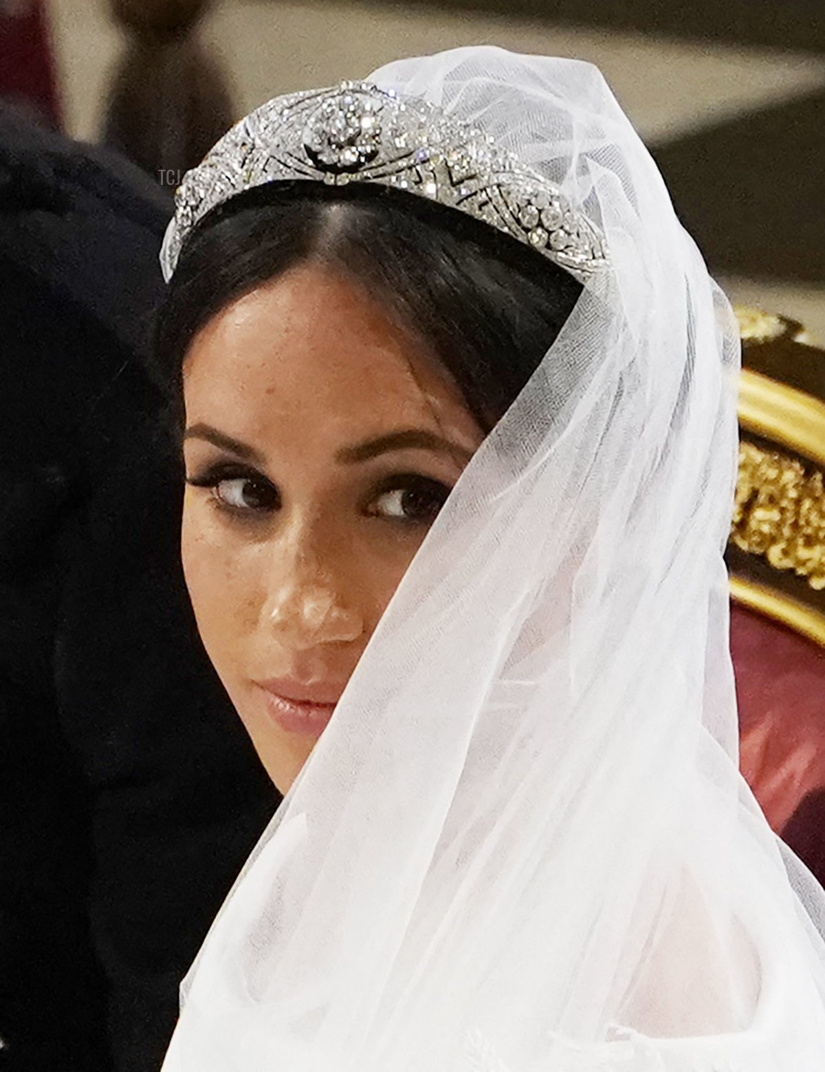 L'attrice statunitense Meghan Markle allo stato civile con il suo futuro marito, il Principe Harry di Gran Bretagna, al altare nella Cappella di St George, Windsor Castle, il 19 maggio 2018 durante la cerimonia nuziale