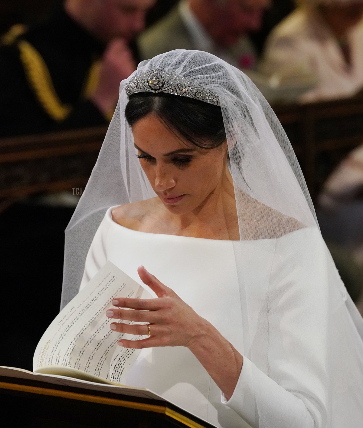 La fidanzata statunitense del Principe Harry di Gran Bretagna, Meghan Markle presso l'Altare Maggiore durante il suo matrimonio con il Principe Harry, Duca di Sussex nella Cappella di St George, Windsor Castle, il 19 maggio 2018