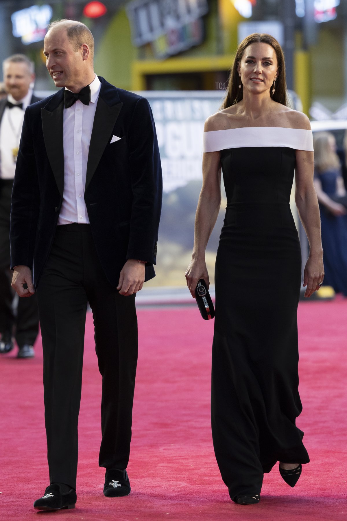 Prince William, Duke of Cambridge and Catherine, Duchess of Cambridge (C) arrive for the 'Top Gun: Maverick' Royal Film Performance at Leicester Square on May 19, 2022 in London, England