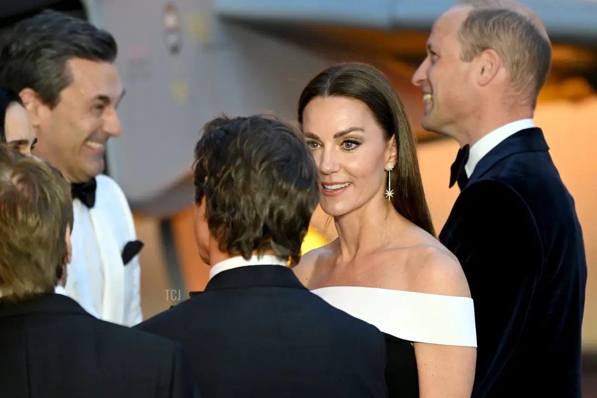 Jon Hamm, Catherine, Tom Cruise, Duchess of Cambridge, and Prince William, Duke of Cambridge, attend the UK Premiere and Royal Film Performance of 'Top Gun: Maverick' at Leicester Square on May 19, 2022 in London, England