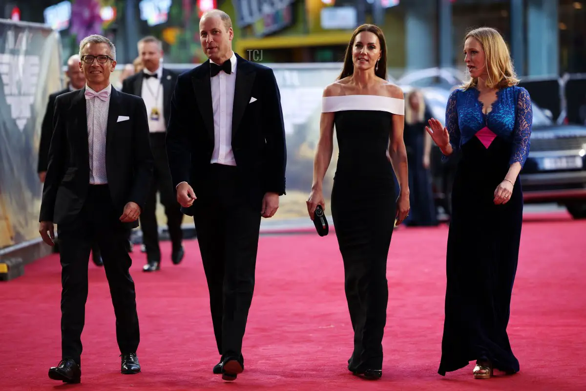 Prince William, Duke of Cambridge and Catherine, Duchess of Cambridge (C) arrive for the 'Top Gun: Maverick' Royal Film Performance at Leicester Square on May 19, 2022 in London, England