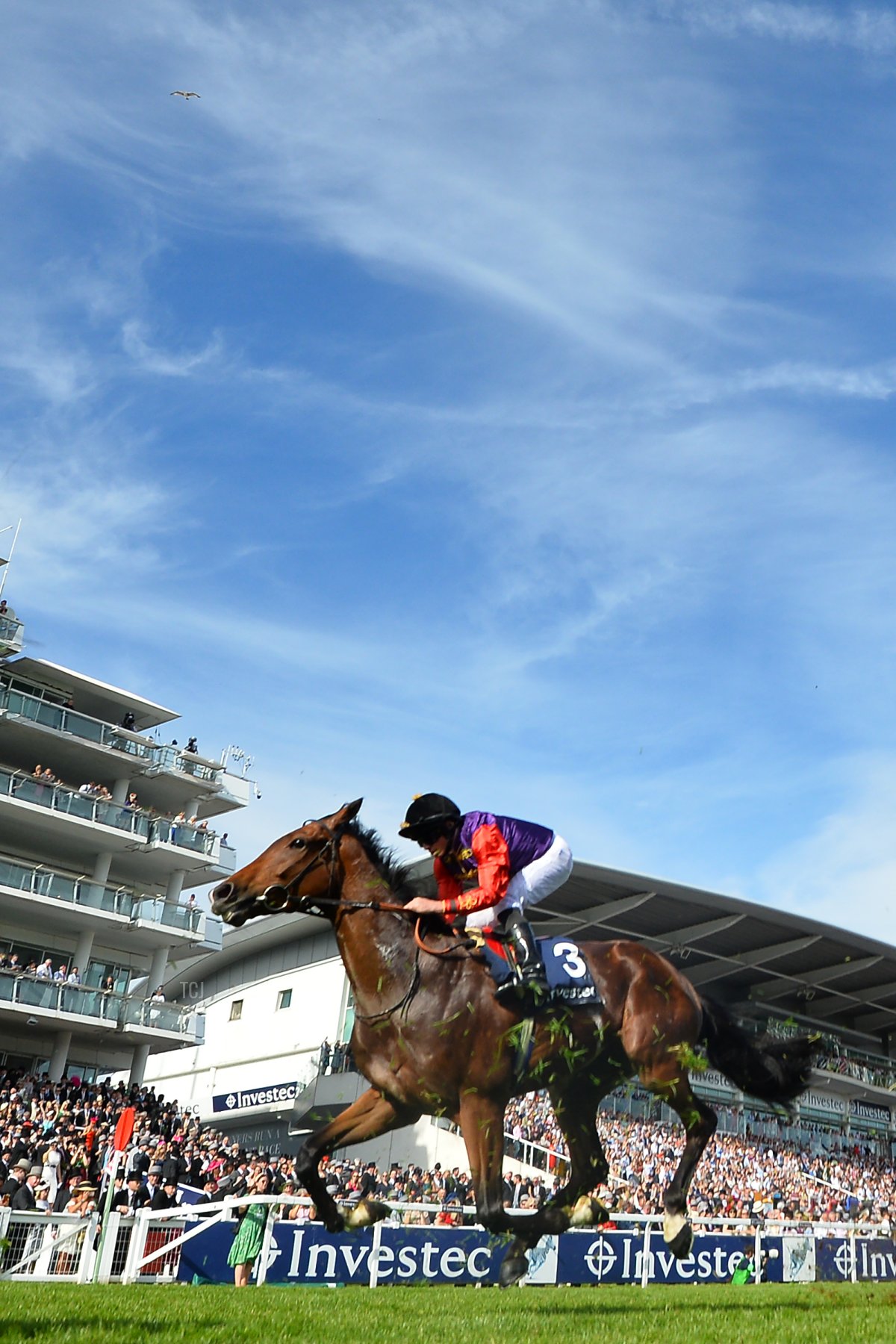 Il purosangue della Regina, Sextant, montato dal fantino Ryan Moore, passa davanti agli spalti dopo essere arrivato quarto nell'handicap Out of The Ordinary nel secondo giorno del Festival di Epsom a Surrey, nel sud dell'Inghilterra, il 1 giugno 2019