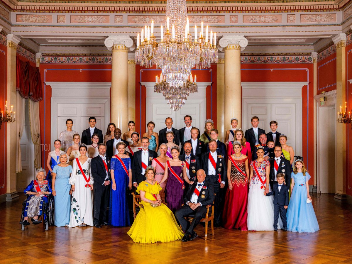 Norway's Princess Ingrid Alexandra (front C) poses for a with Norway's Queen Sonja and King Harald and other guests on the occasion of a gala dinner for her 18th birthday in Oslo on June 17, 2022: (first row from L): Norway's Princess Astrid, Marit Tjessem, Denmark's Crown Princess Mary, Denmark's Crown Prince Frederik, Belgium's Queen Mathilde, Spain's King Felipe, Sweden's Crown Princess Mette-Marit, Norway's Crown Prince Haakon, Netherlands' King Willem Alexander, Netherlands' Queen Maxima, Sweden's Crown Princess Victoria, Sweden's Prince Daniel, Sweden's Princess Estelle, and Sweden's Prince Oscar, (2nd row from L): Emma Tallulah Behn, Leah Isadora Behn, Maud Angelica Behn, Durek Verret, Norway's Princess Märtha Louise, Belgium's Princess Elisabeth, Marius Borg Hoeiby, Norway's Prince Sverre Magnus, Netherlands' Princess Catharina-Amalia, Luxembourg's Grand Duke Guillaume, Luxembourg's Grand Duchess Stephanie and Luxembourg's Prince Charles, (third row from L) Rosario Nadal, Bulgaria's Prince Tassilo, Bulgaria's Princess Olimpia Preslavska, Bulgaria's Princess Mafalda Cecilia Preslavska, Katharine Jibba Butler, Prince Kyril, Greece's Crown Prince Pavlos, Greece's Princess Marie Chantal, Greece's Princess Olympia, Prince Constantine and Prince Aristides